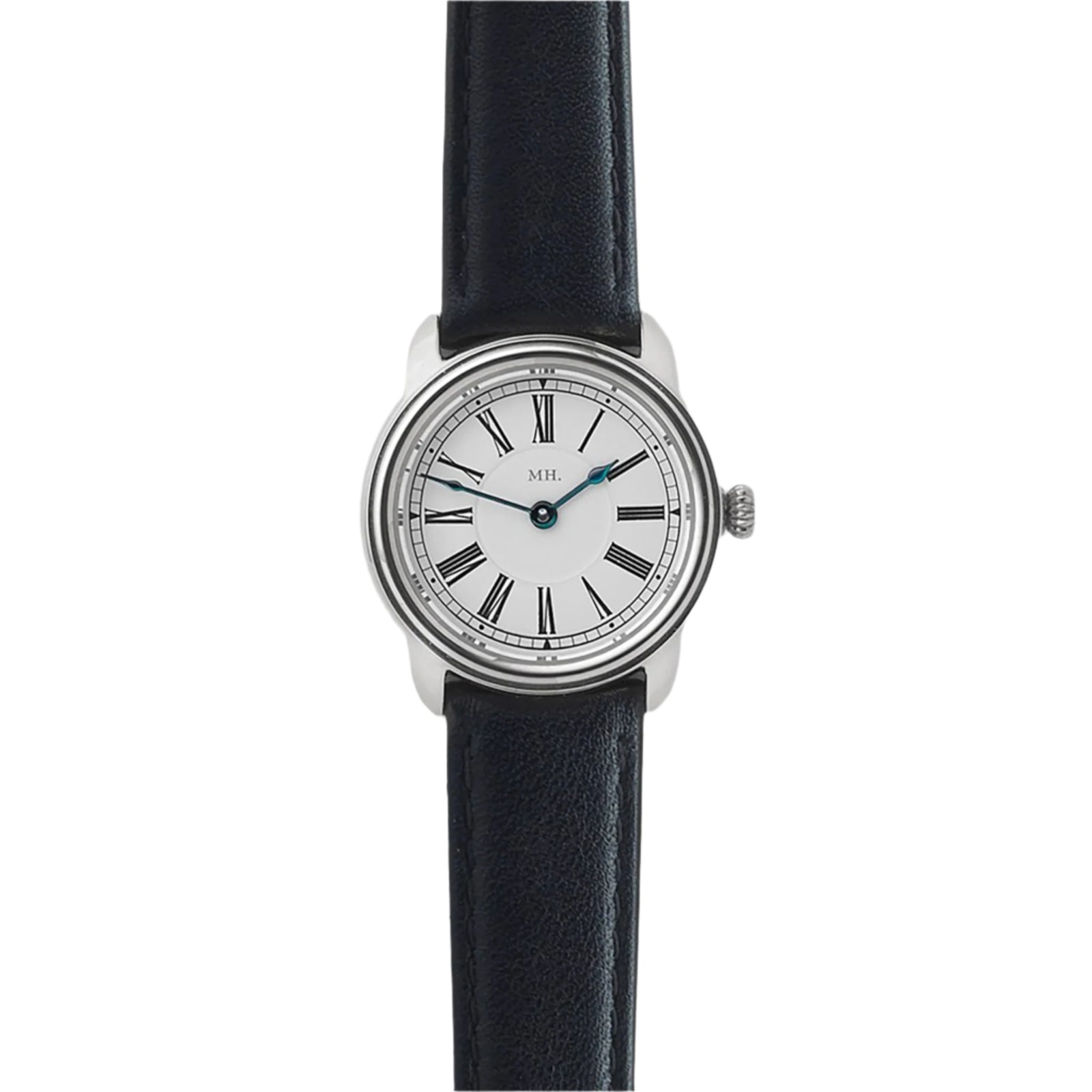 A wristwatch with a silver case and a black leather strap, featuring a white dial with black Roman numerals and blue teardrop-shaped hands.