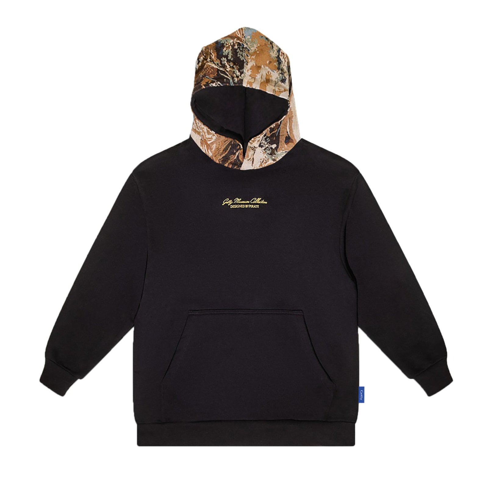 Black hoodie with a tapestry hood on a white background