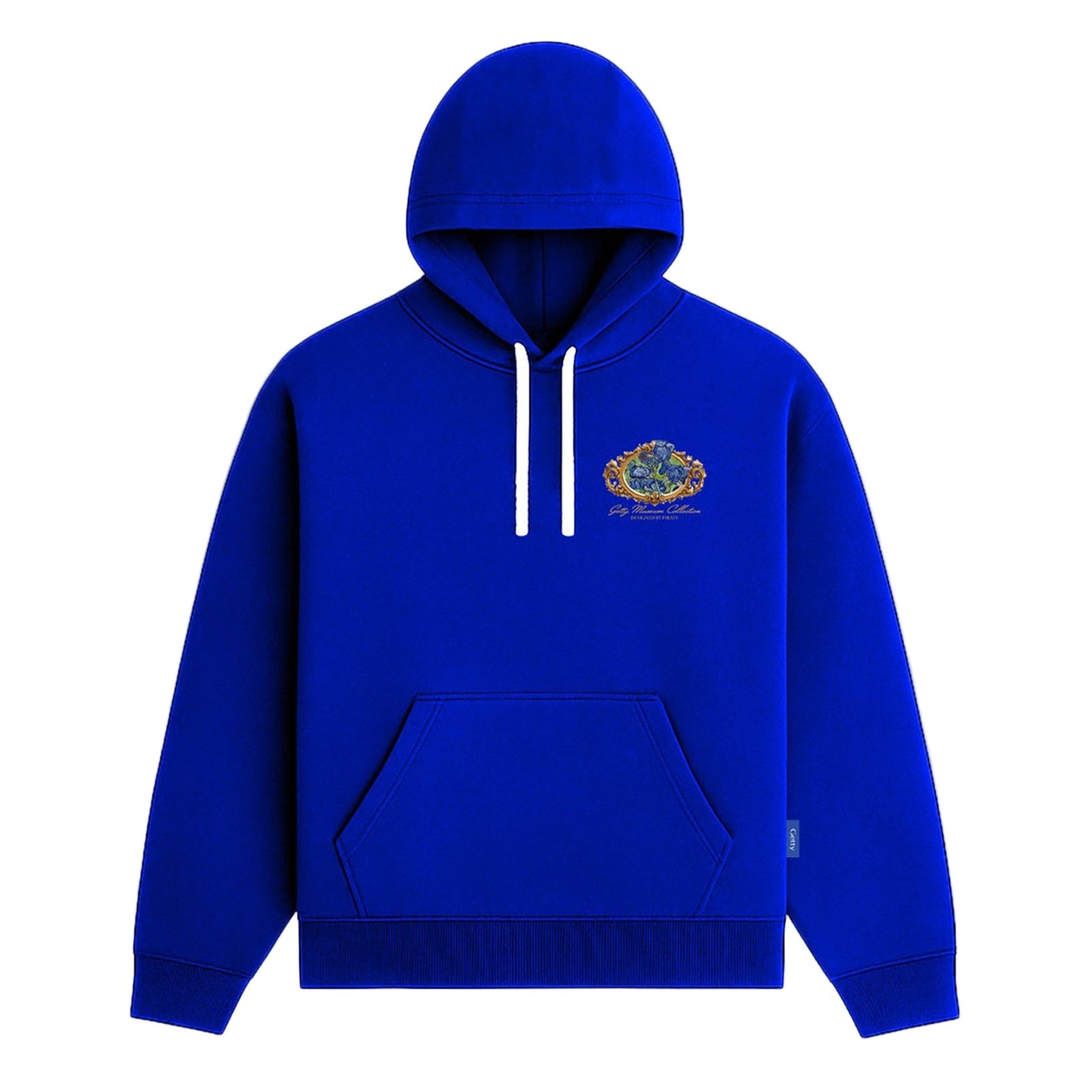 Blue hoodie with a logo on a white background