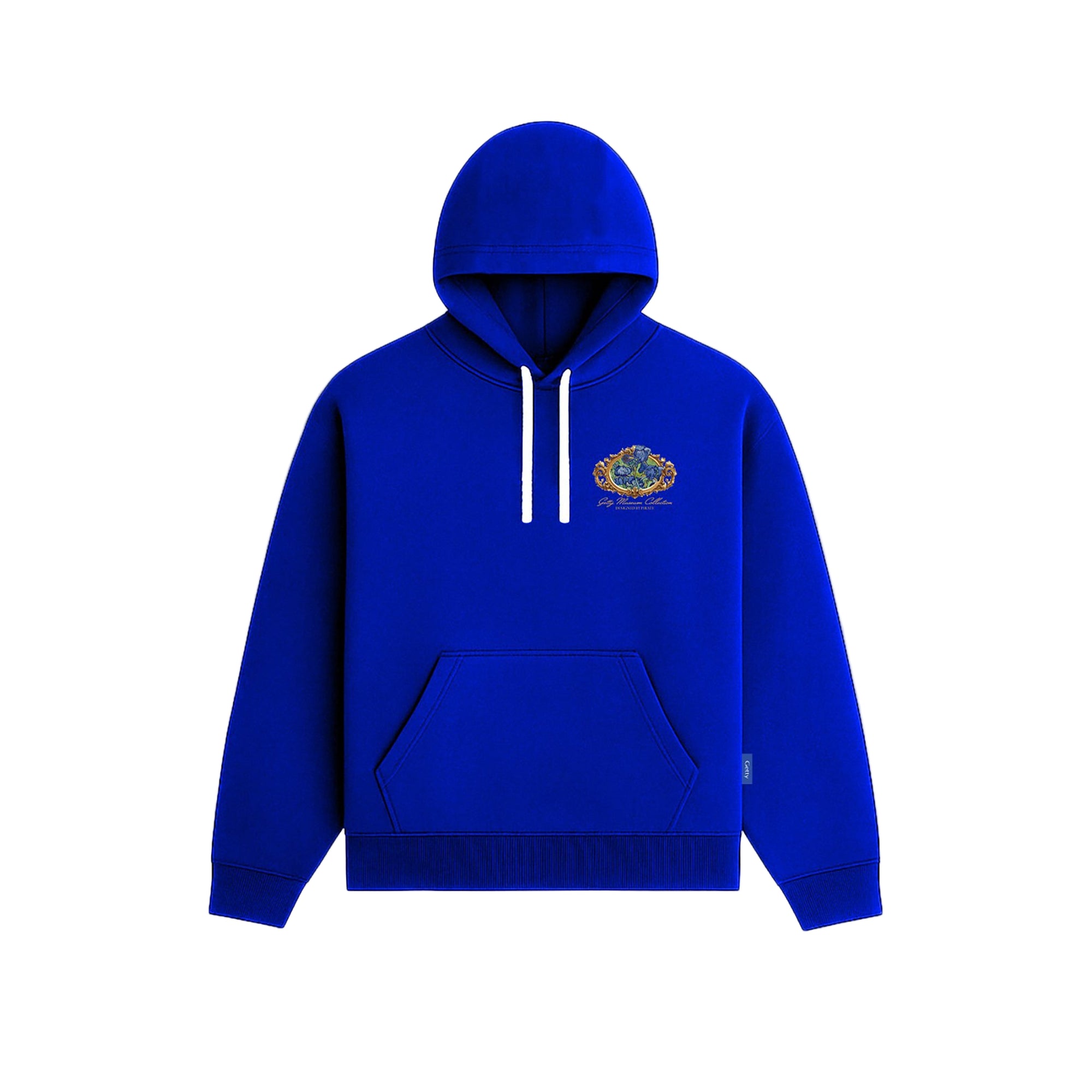 Blue hoodie with a logo on a white background