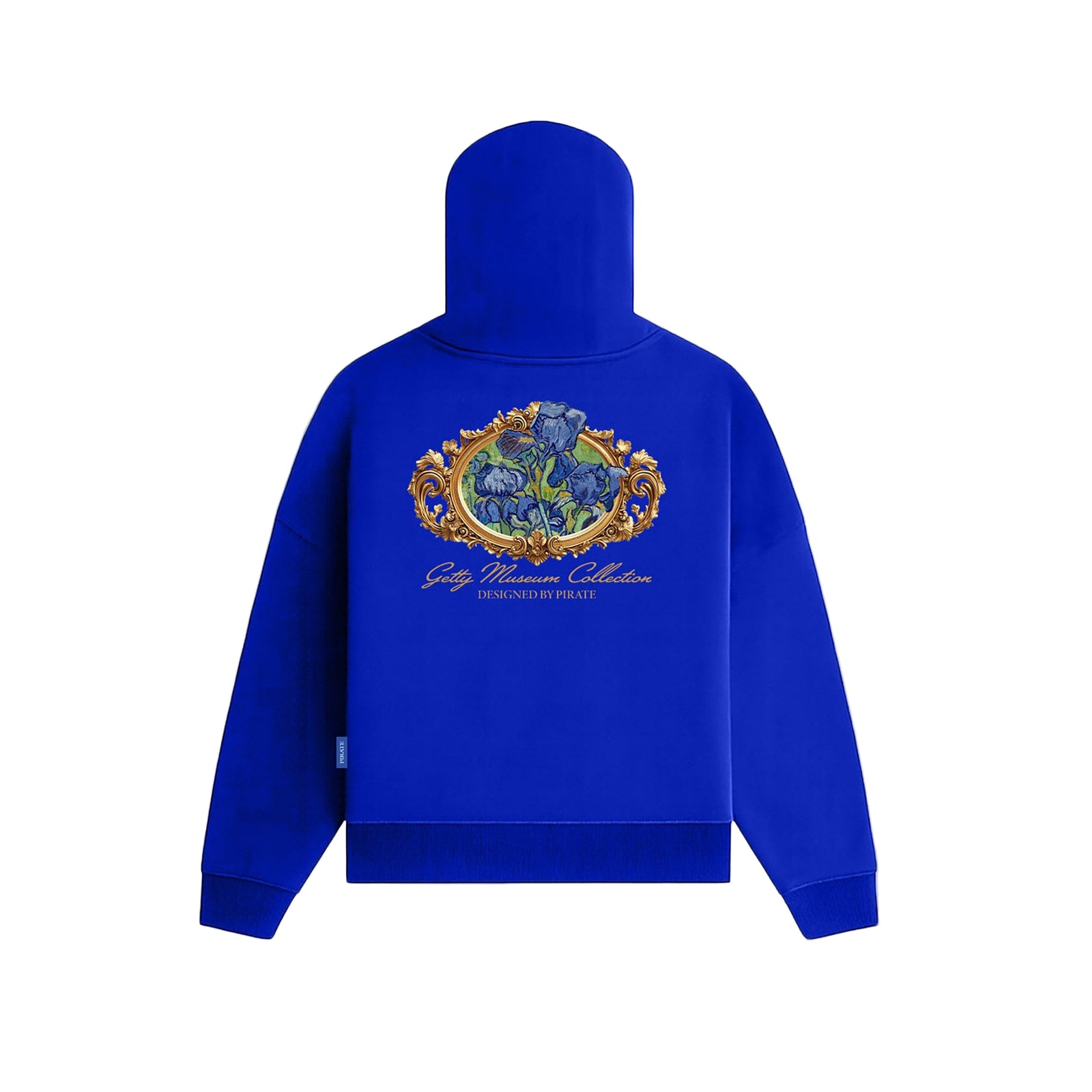 Blue hoodie with a logo on a white background