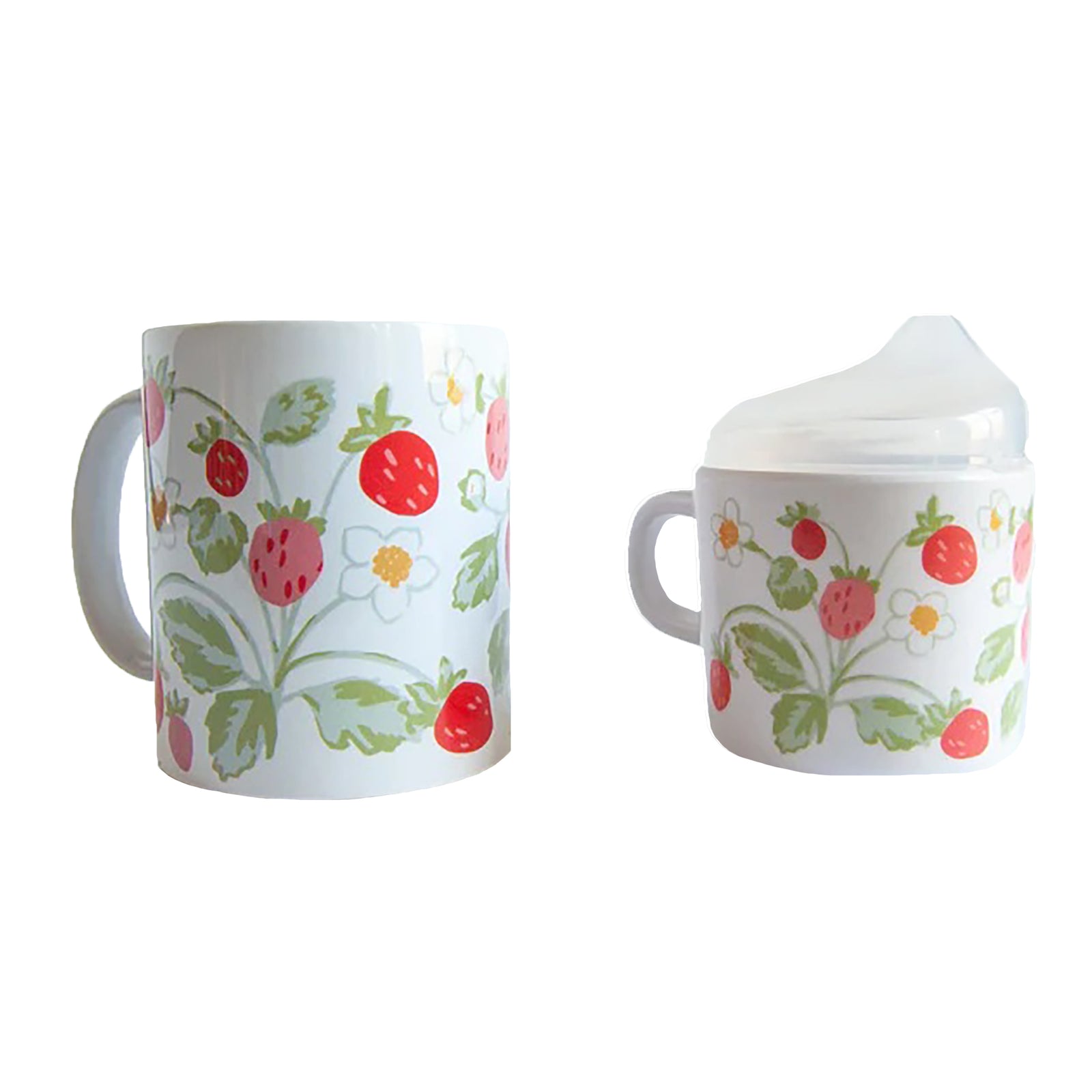Two mugs with strawberry pattern on a white background