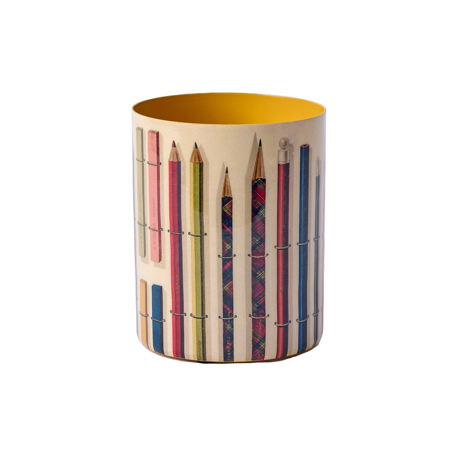 Cylindrical container with colorful pencil design on a white background