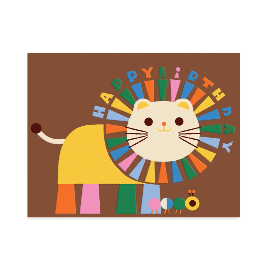 Birthday card with a colorful lion and caterpillar