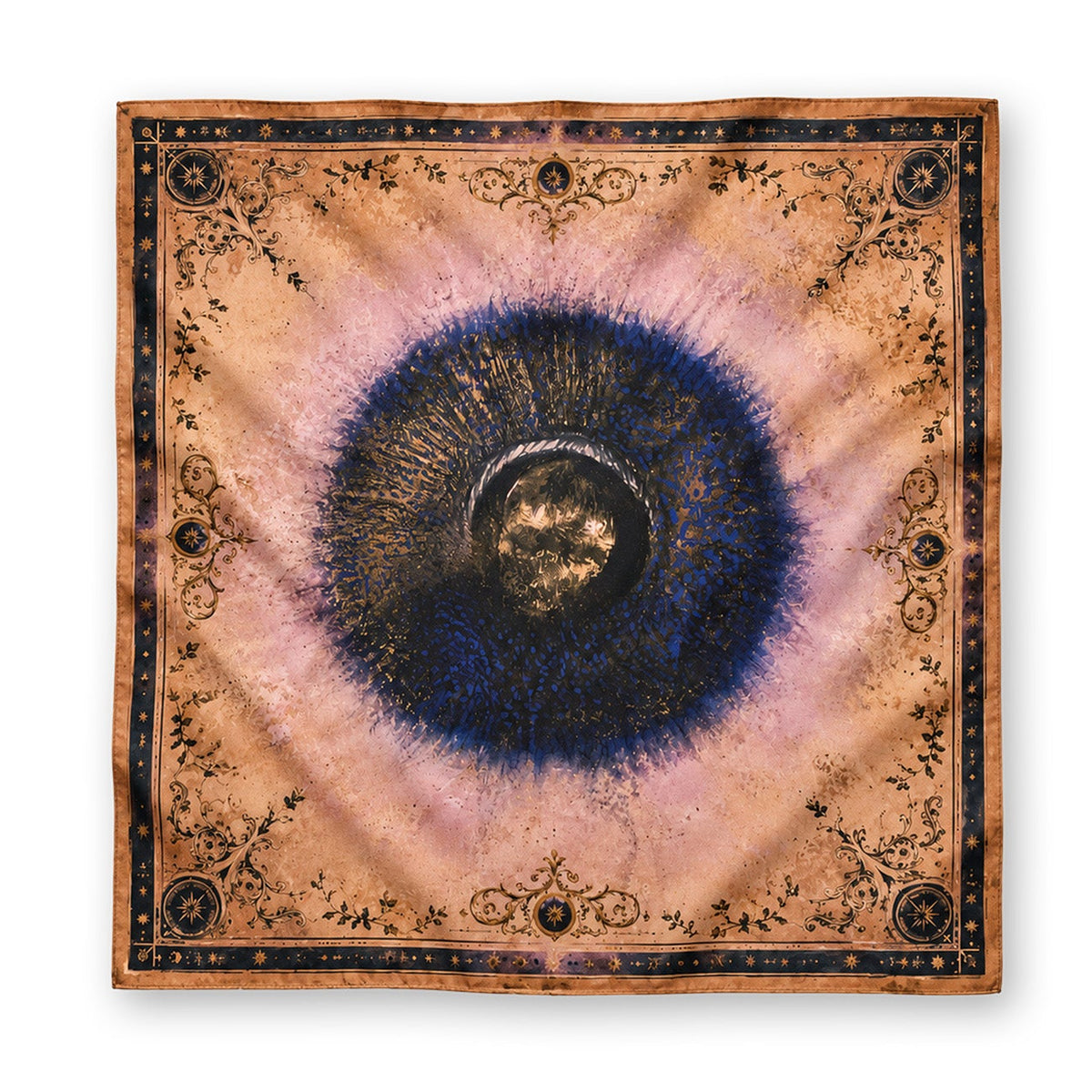 A square scarf featuring a cosmic eye design with a dark blue and black iris, a gold celestial center, and a pinkish-beige halo, bordered by a dark ornate pattern on a white background.