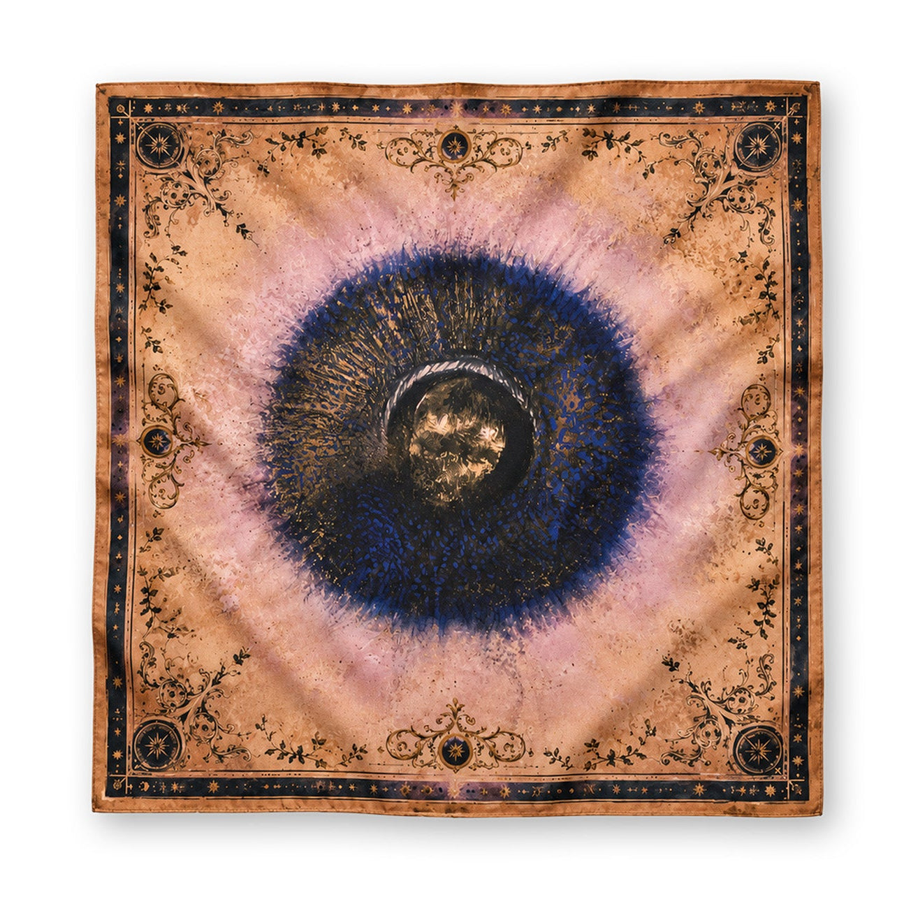 A square scarf featuring a cosmic eye design with a dark blue and black iris, a gold celestial center, and a pinkish-beige halo, bordered by a dark ornate pattern on a white background.
