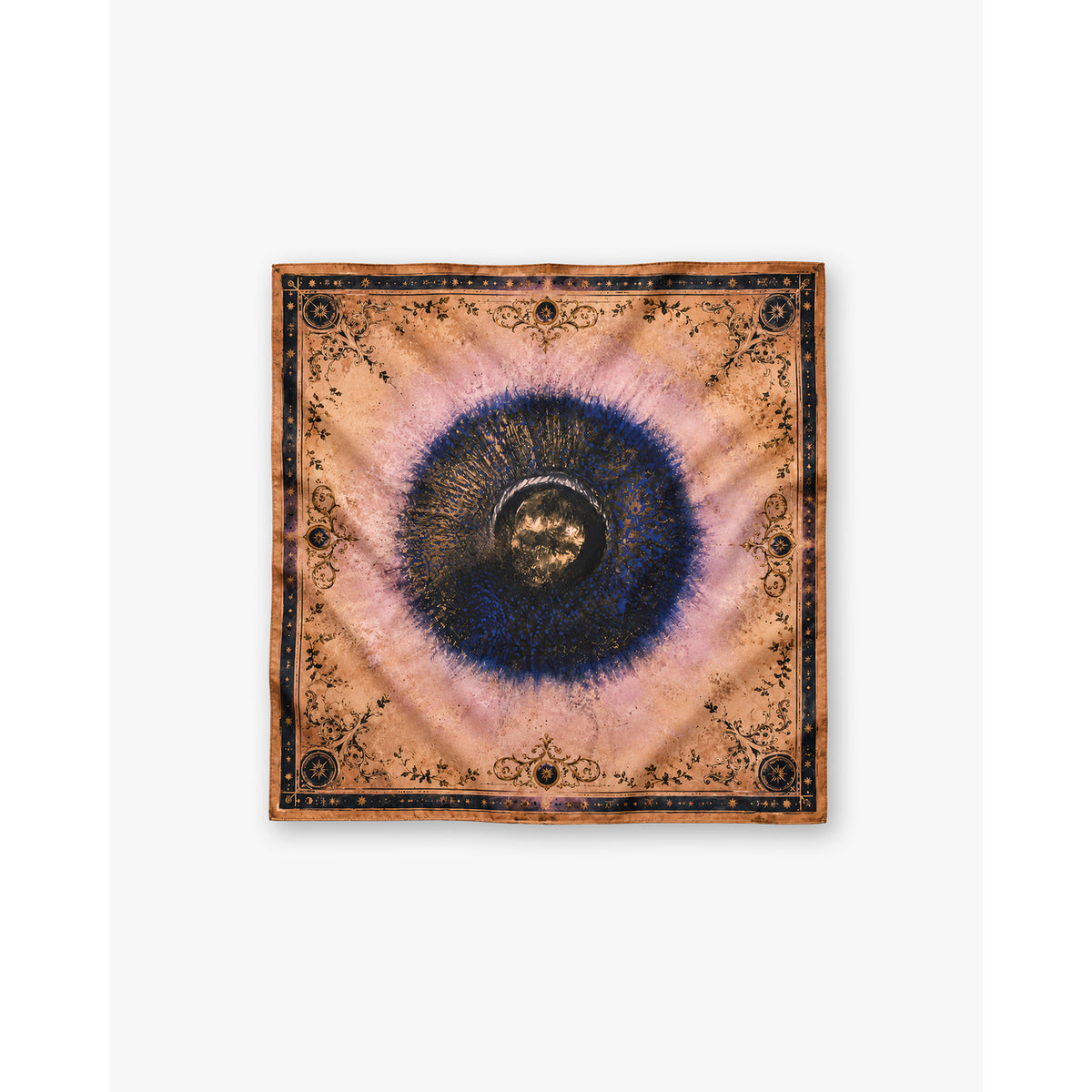 A square scarf featuring a central dark blue and black circular motif surrounded by a soft pink and beige radial pattern, framed by an ornate dark border, shown flat against a light gray background.