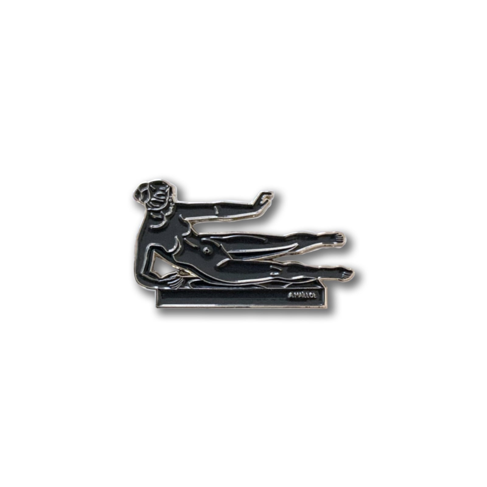 An enamel pin featuring a sculptural representation of a figure, reminiscent of a classical statue, in black and white.