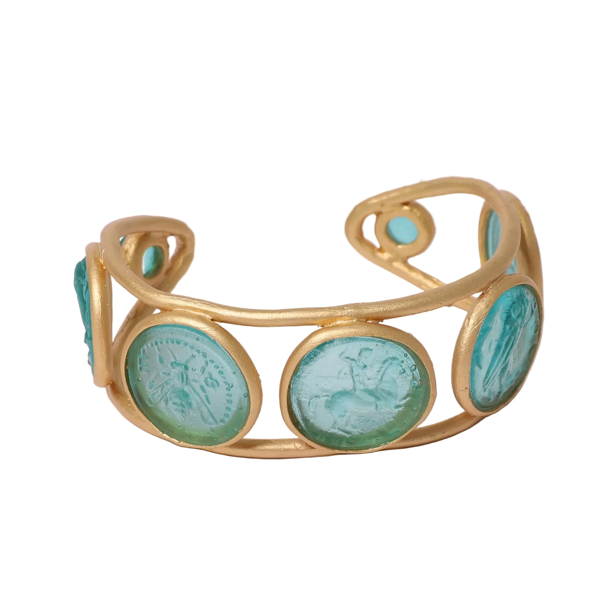 Gold bracelet with turquoise circular glass coins on a white background