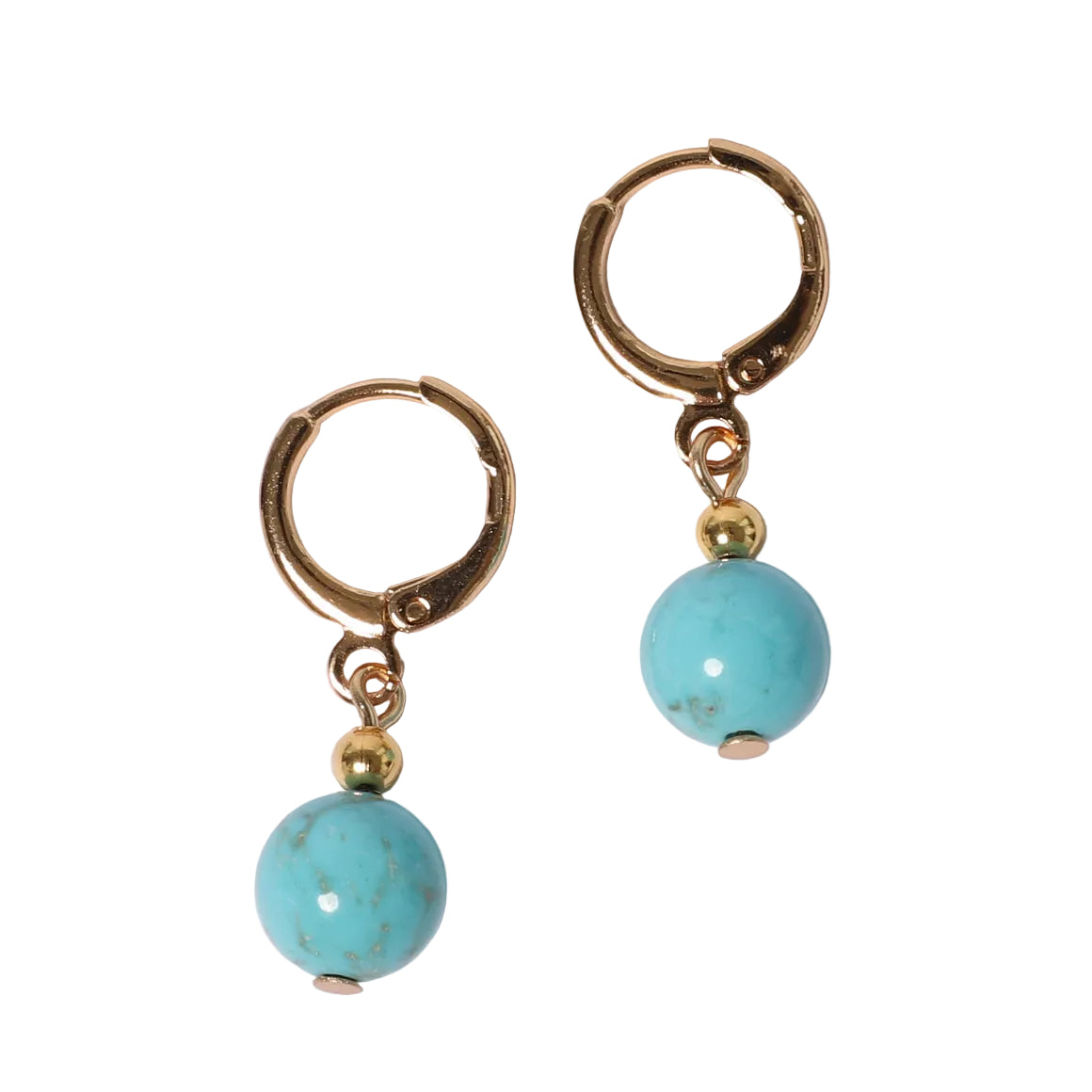 Gold hoop earrings with turquoise beads on a white background