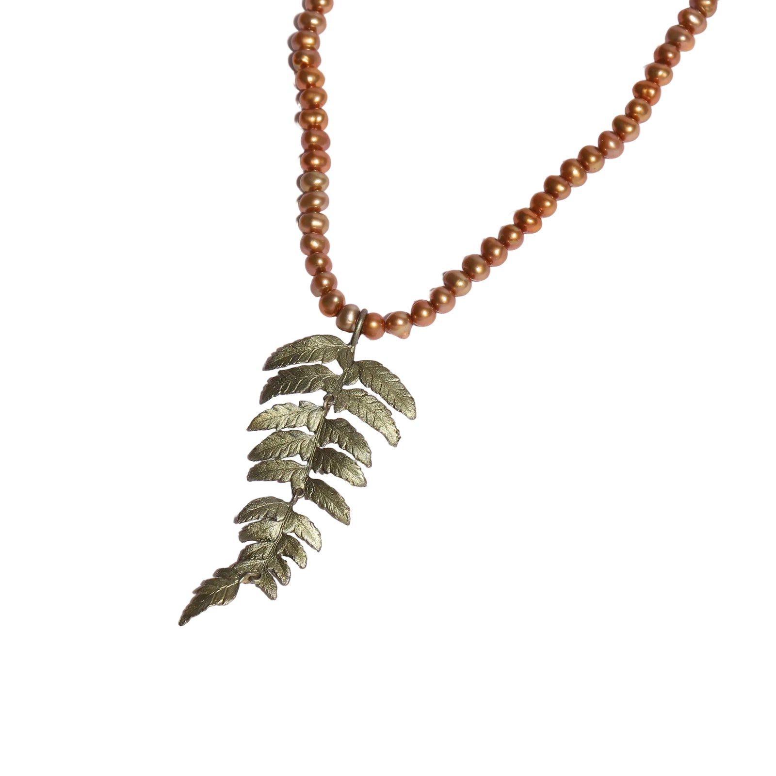Necklace with pearl beads and a green leaf pendant 