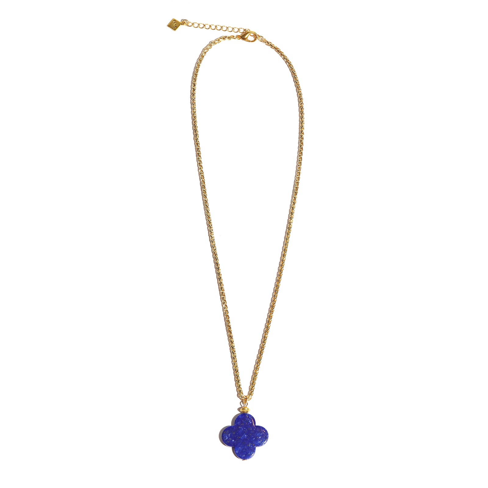 Gold necklace with a blue clover-shaped pendant on a white background