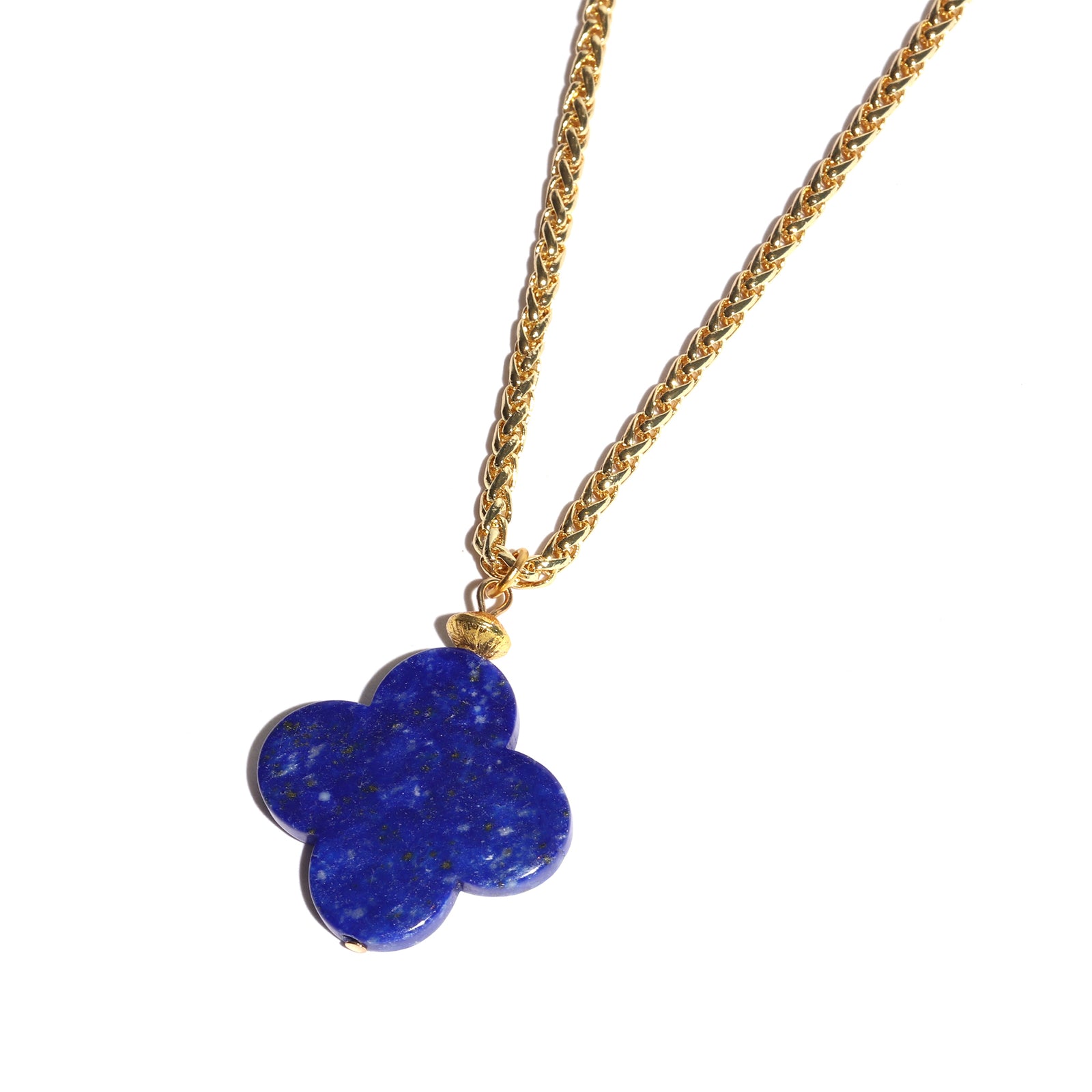 Gold necklace with a blue clover-shaped pendant on a white background