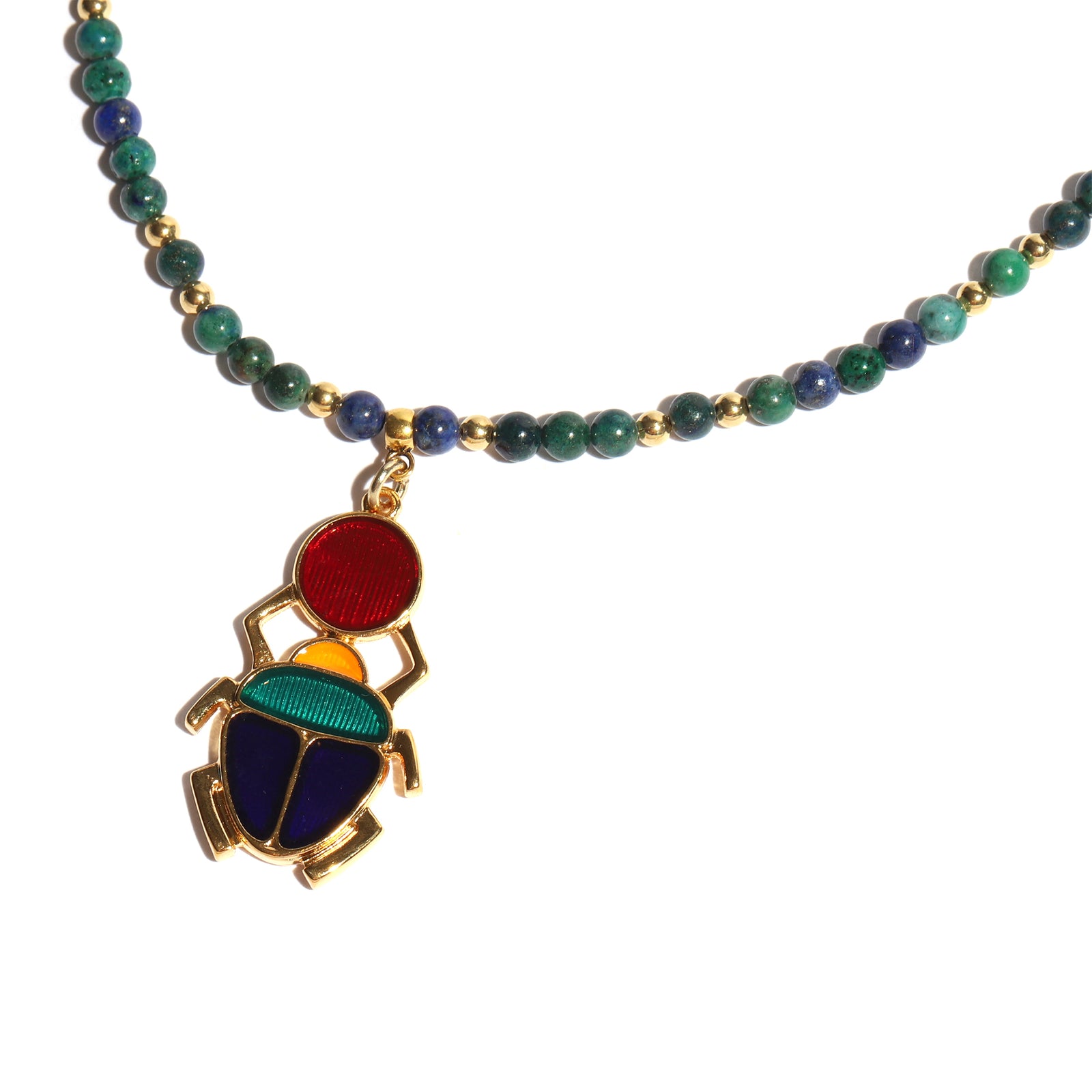 Necklace with a colorful pendant on a white background