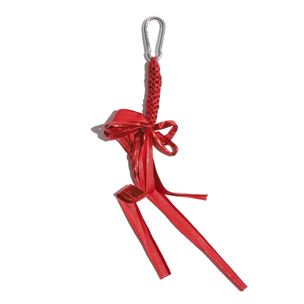 Red braided ribbon with a bow and carabiner on a white background