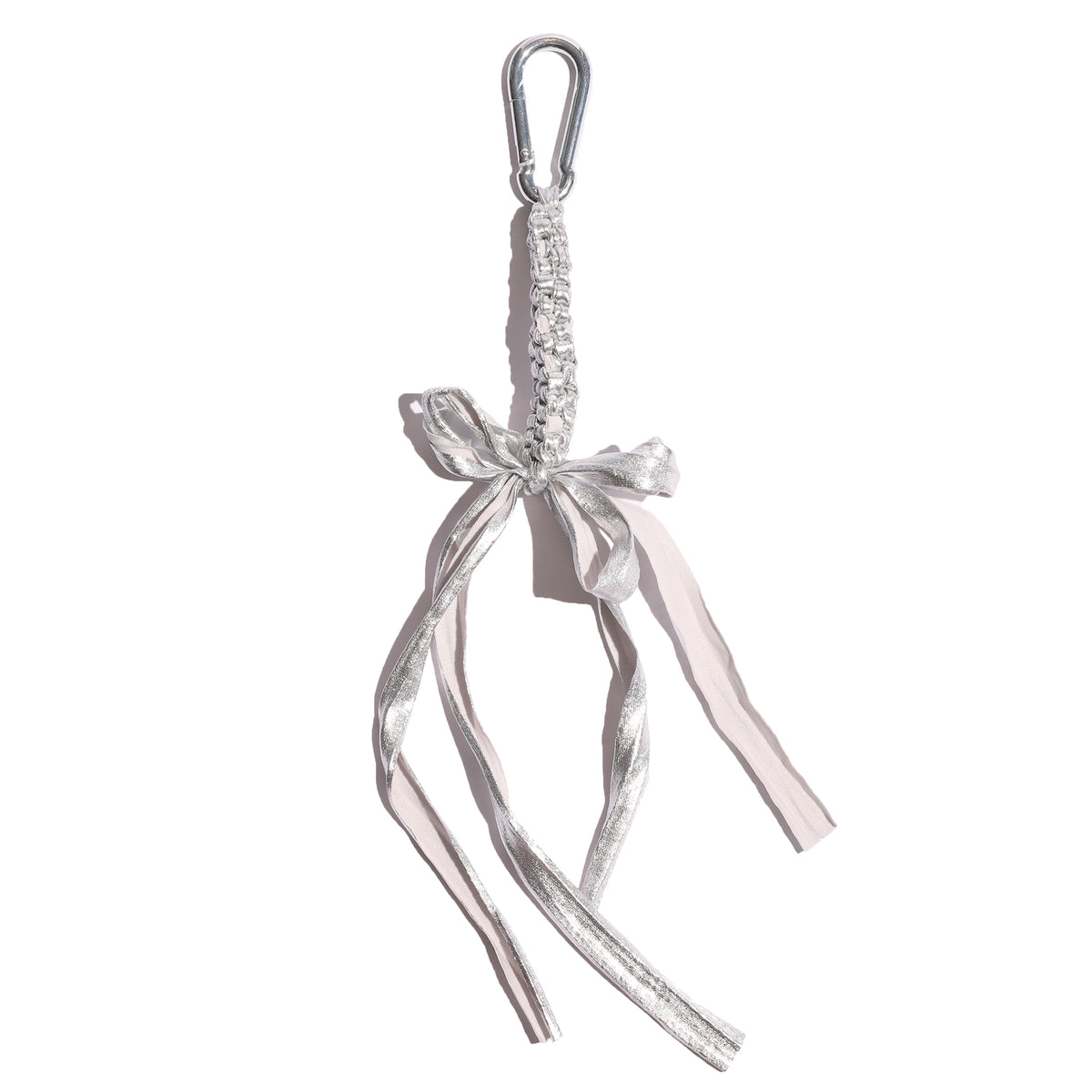 Silver braided ribbon with a bow and carabiner on a white background