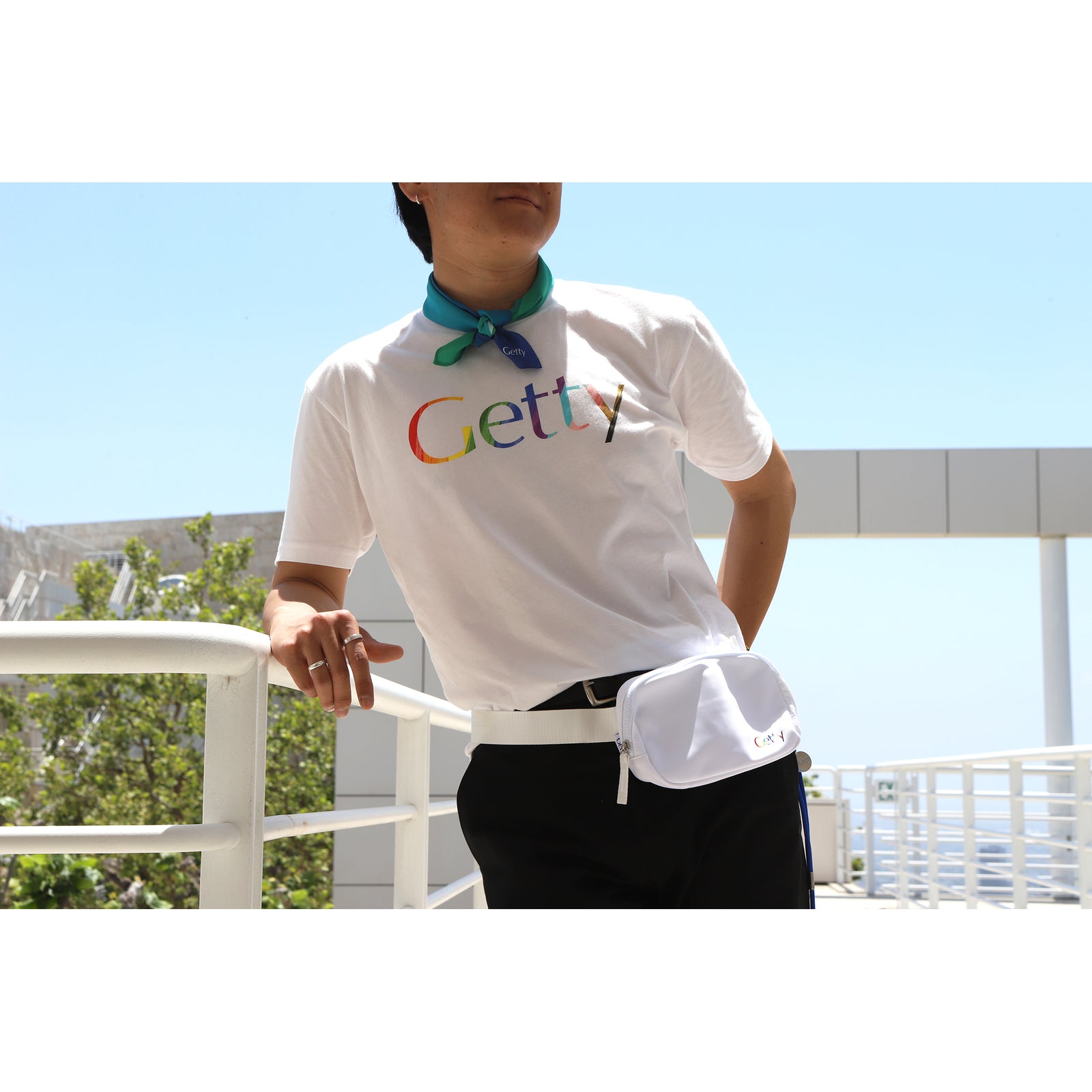 White t-shirt with 'Getty' printed in colorful letters on a white background
