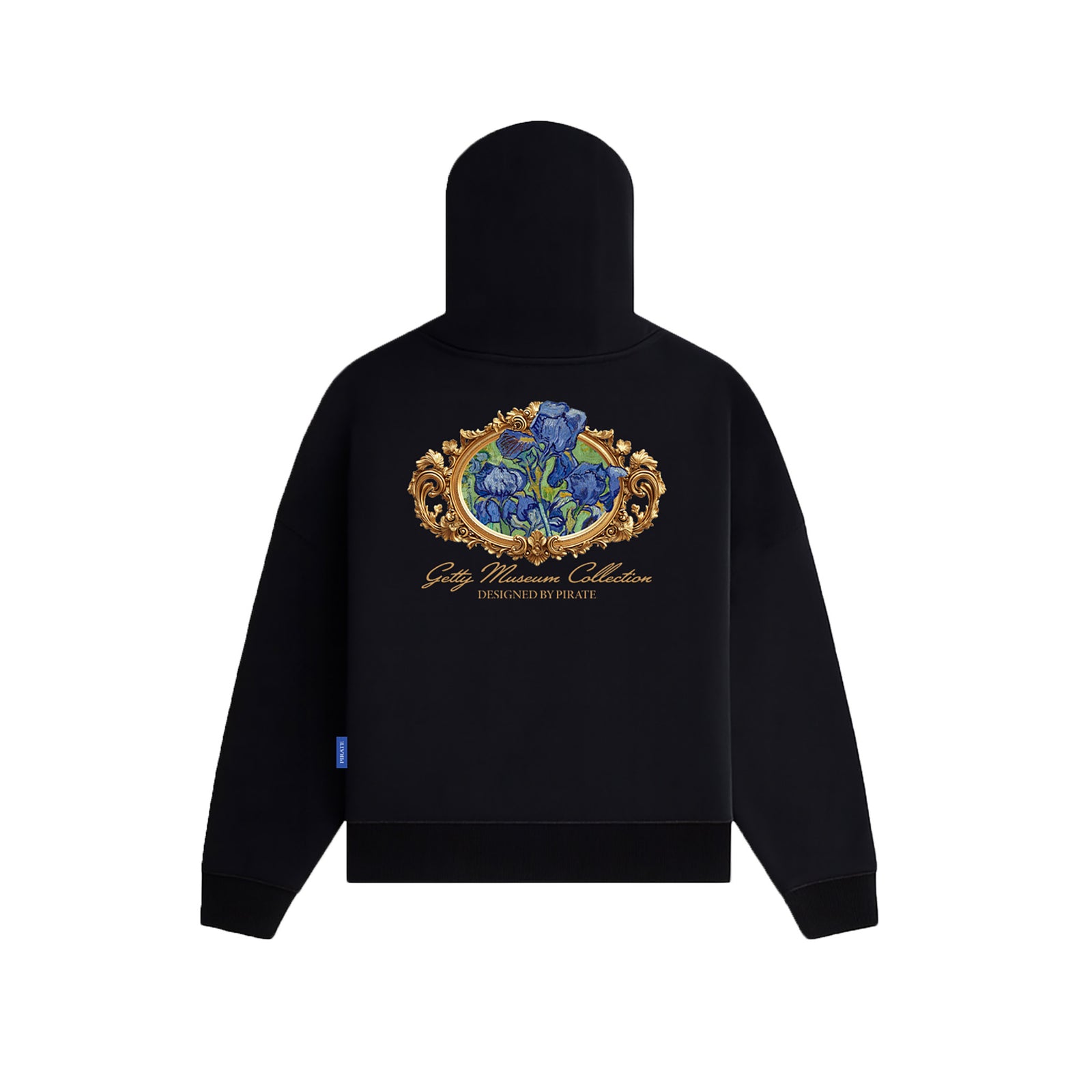 Black hoodie with a logo on the chest against a white background