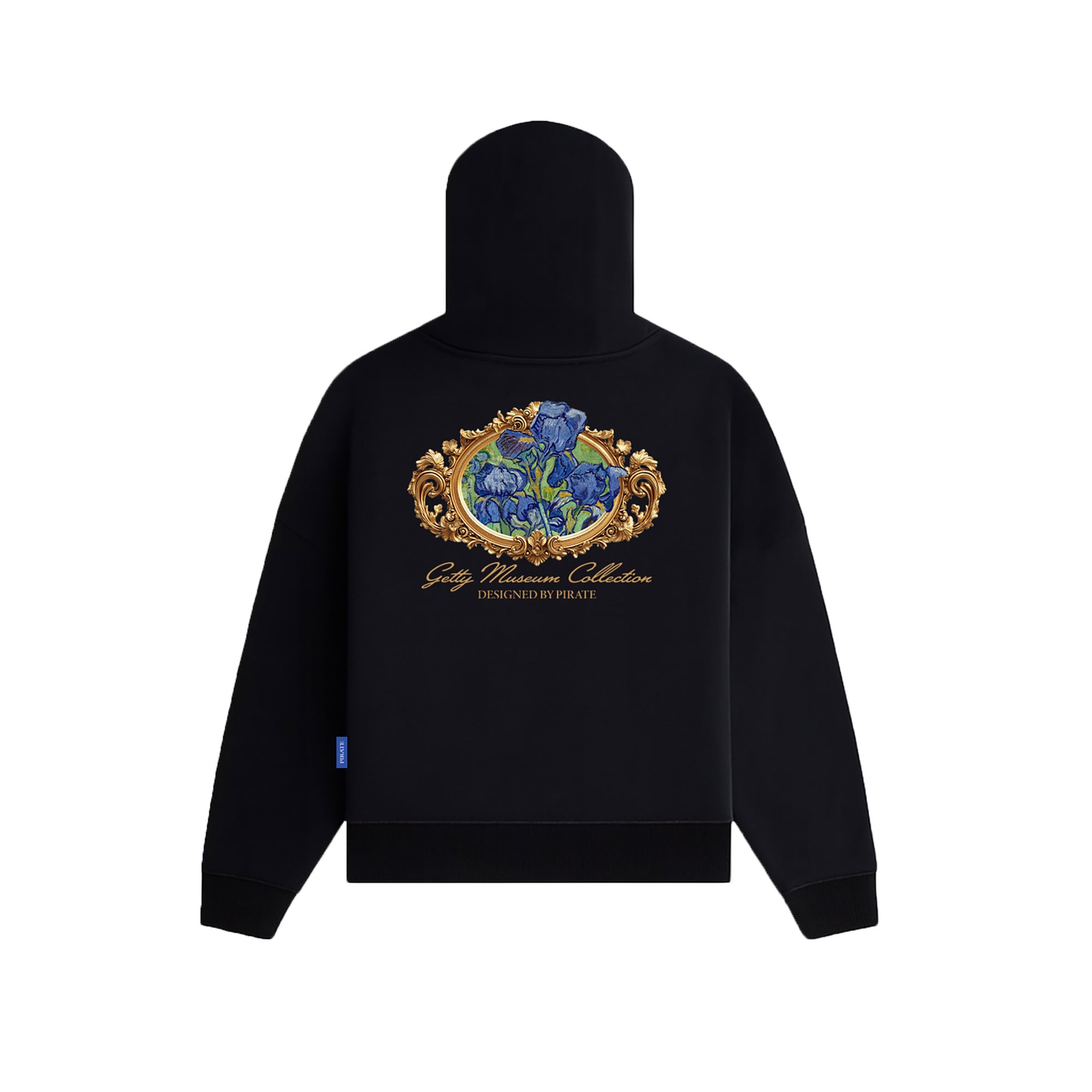 Black hoodie with a logo on the chest against a white background