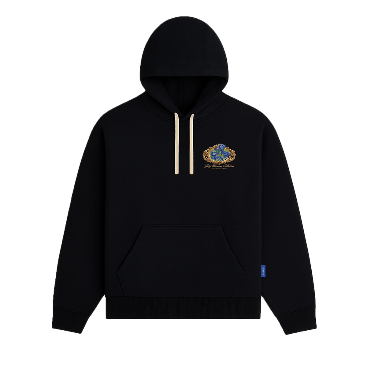 Black hoodie with a logo on the chest against a white background