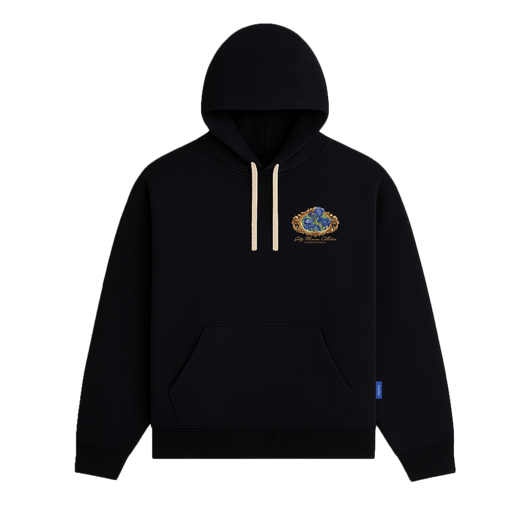 Black hoodie with a logo on the chest against a white background