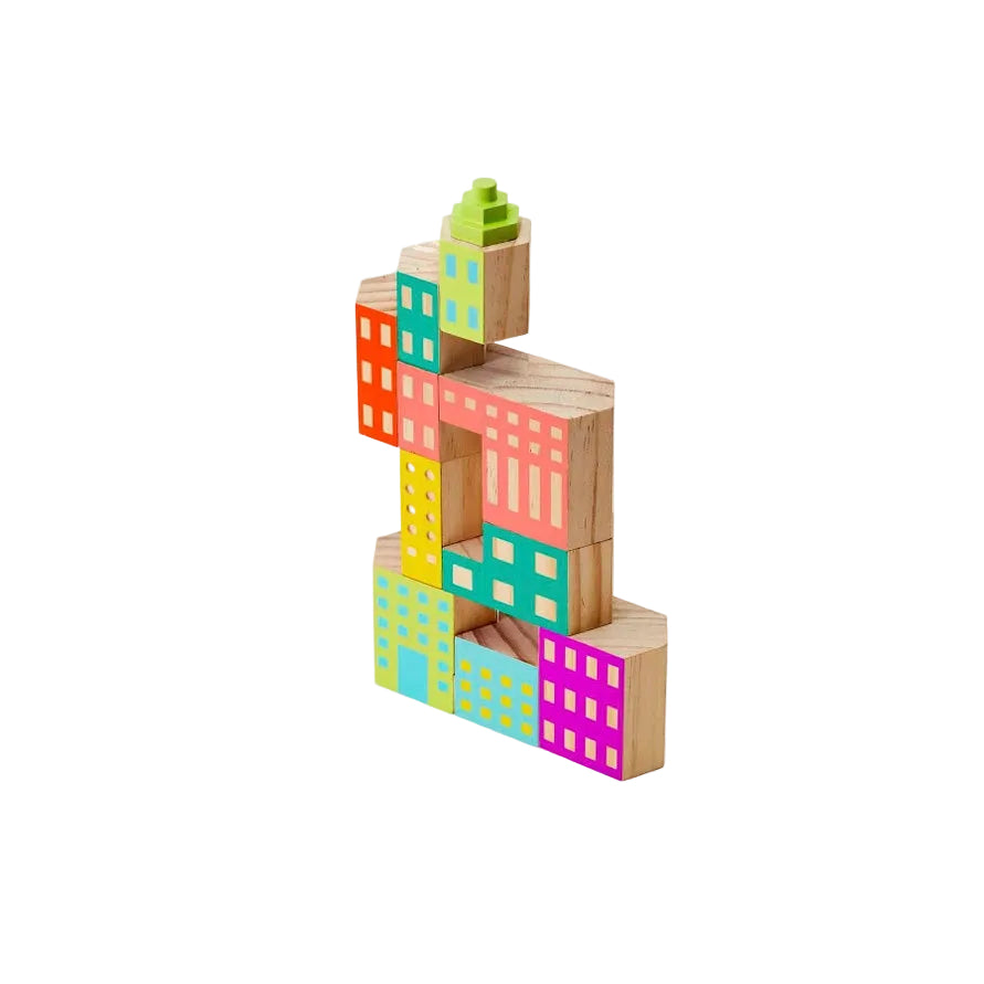 Colorful wooden block toy city on a white background