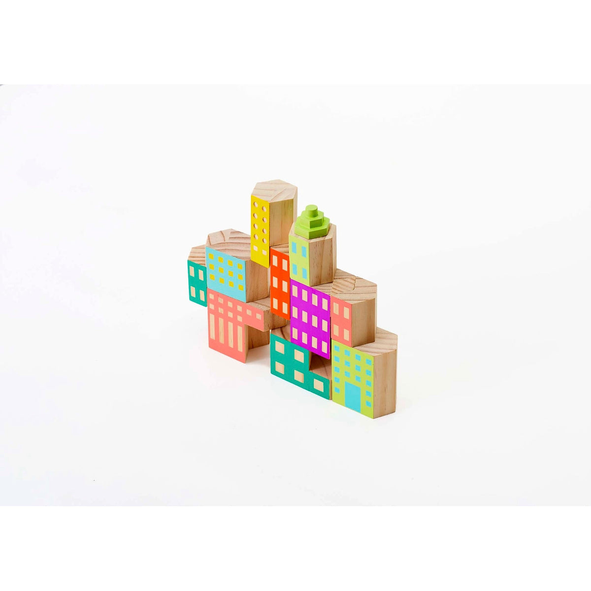 Colorful wooden block cityscape on a white background