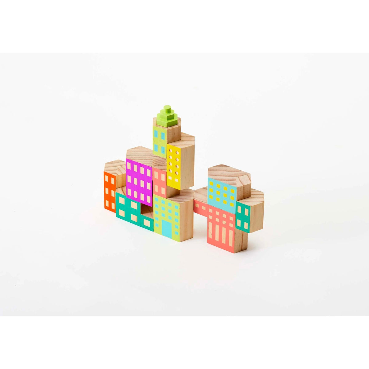 Colorful wooden block toy city on a white background