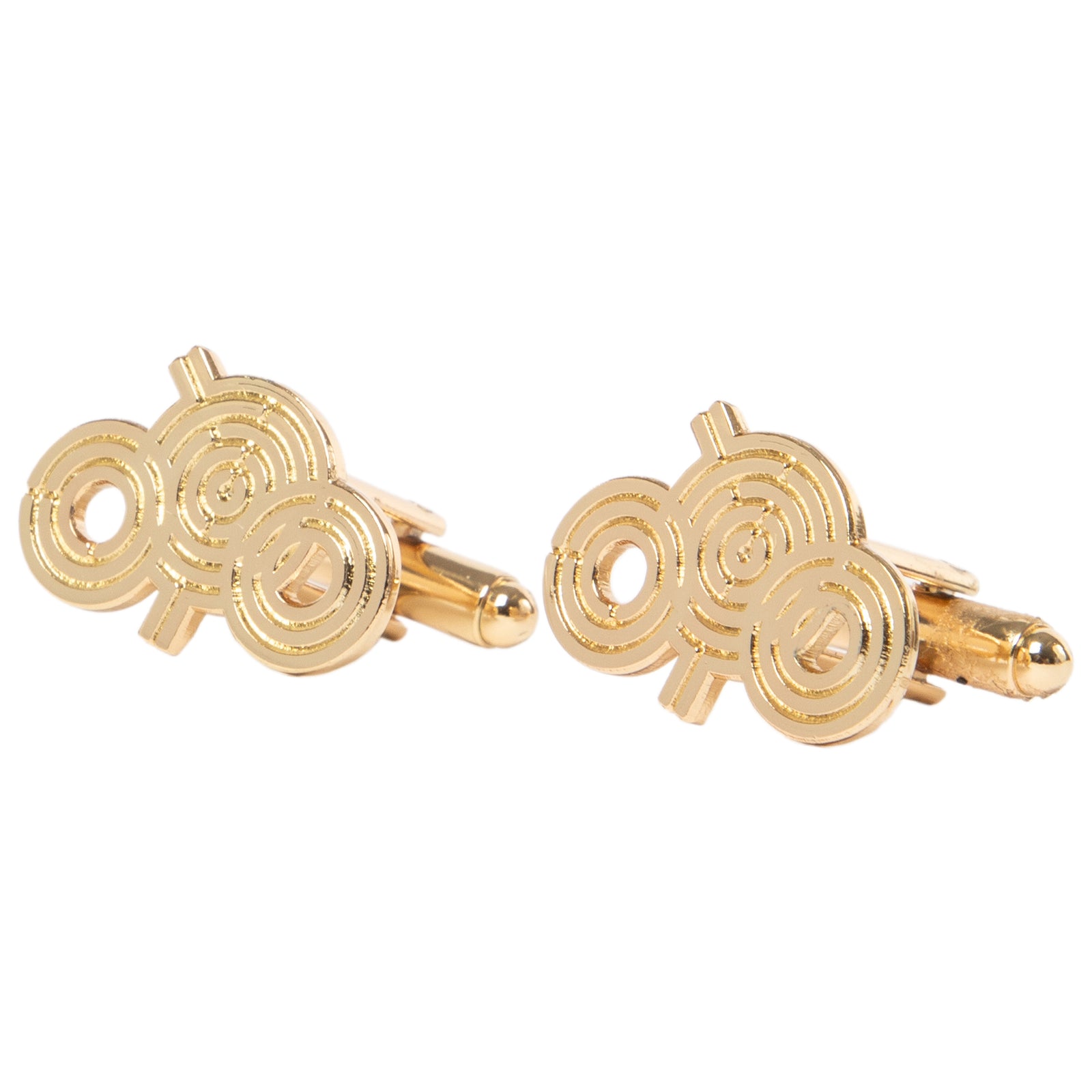 Gold cufflinks with intricate design on a white background
