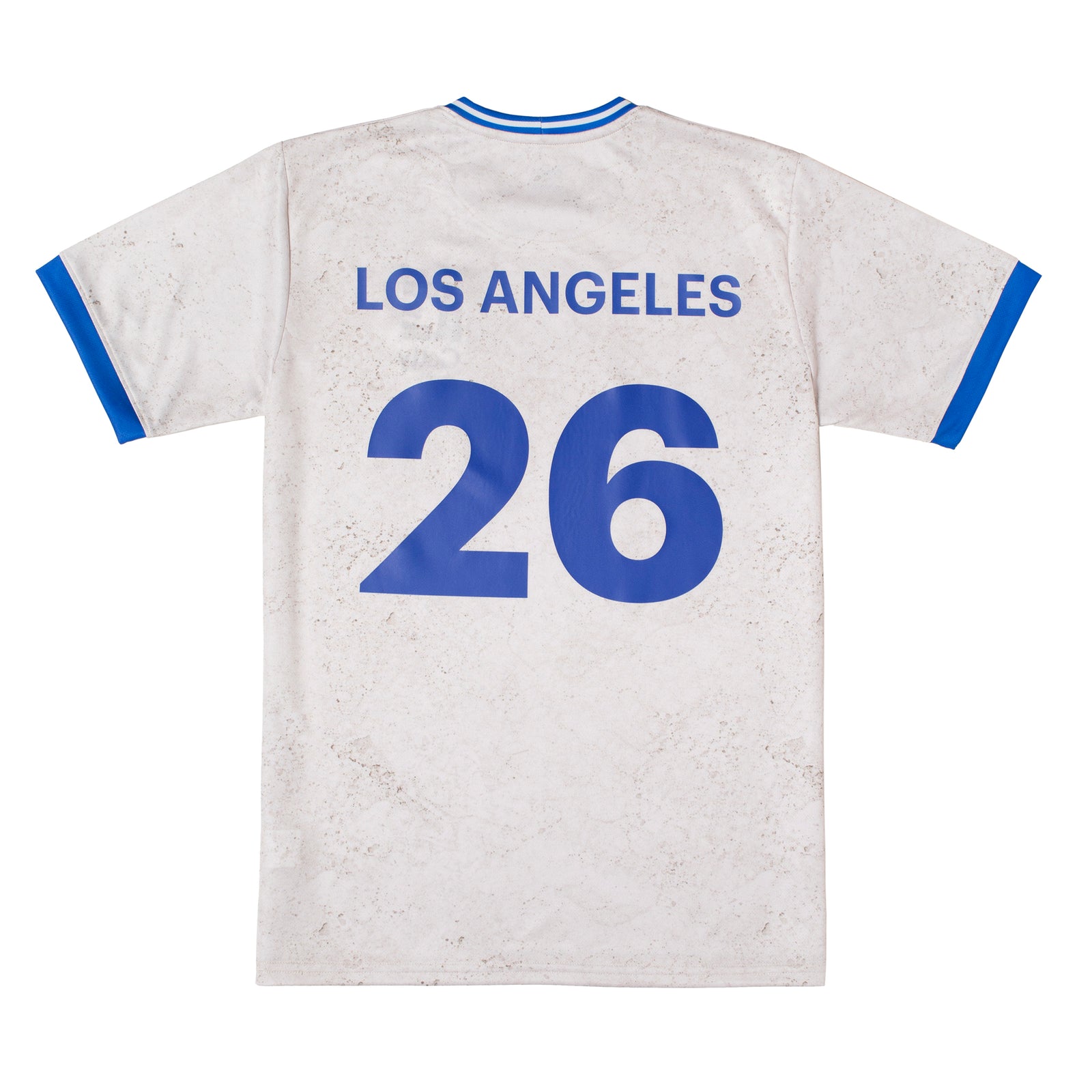 White t-shirt with blue trim and Getty logo on a white background