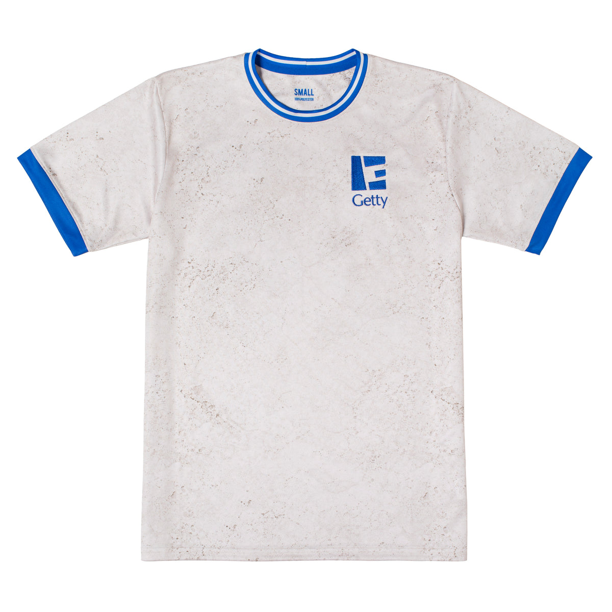 White t-shirt with blue trim and Getty logo on a white background