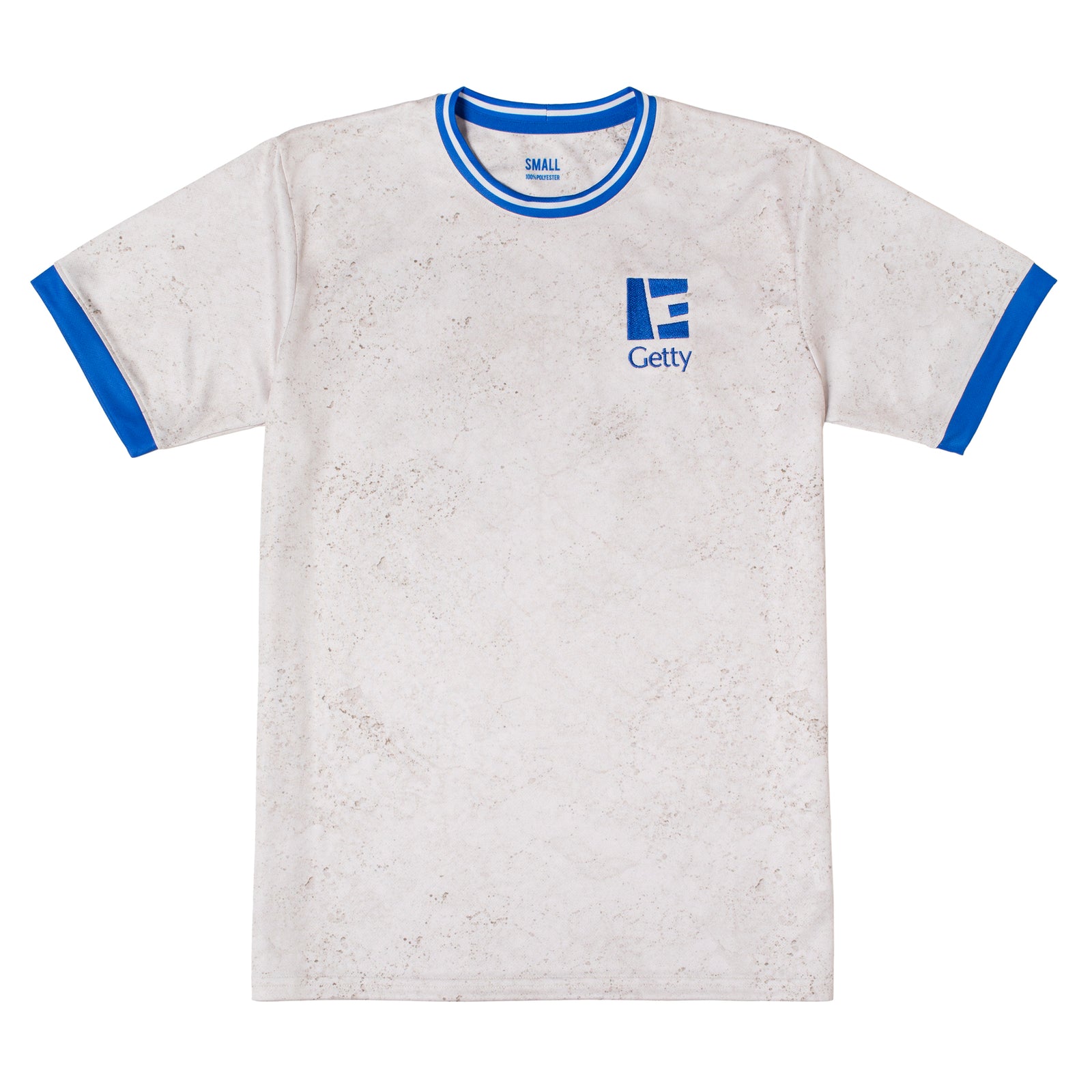 White t-shirt with blue trim and Getty logo on a white background
