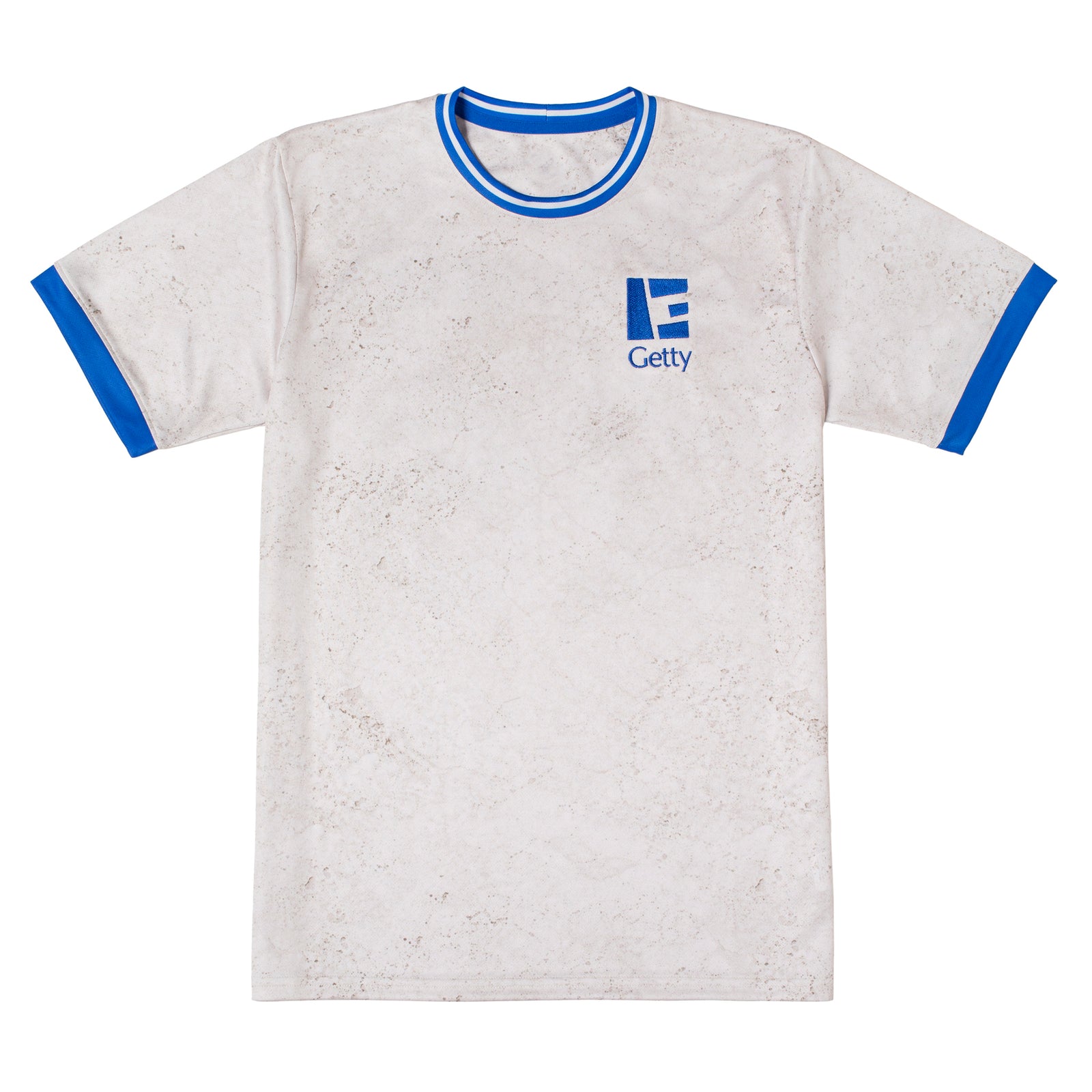 White t-shirt with blue trim and Getty logo on a white background