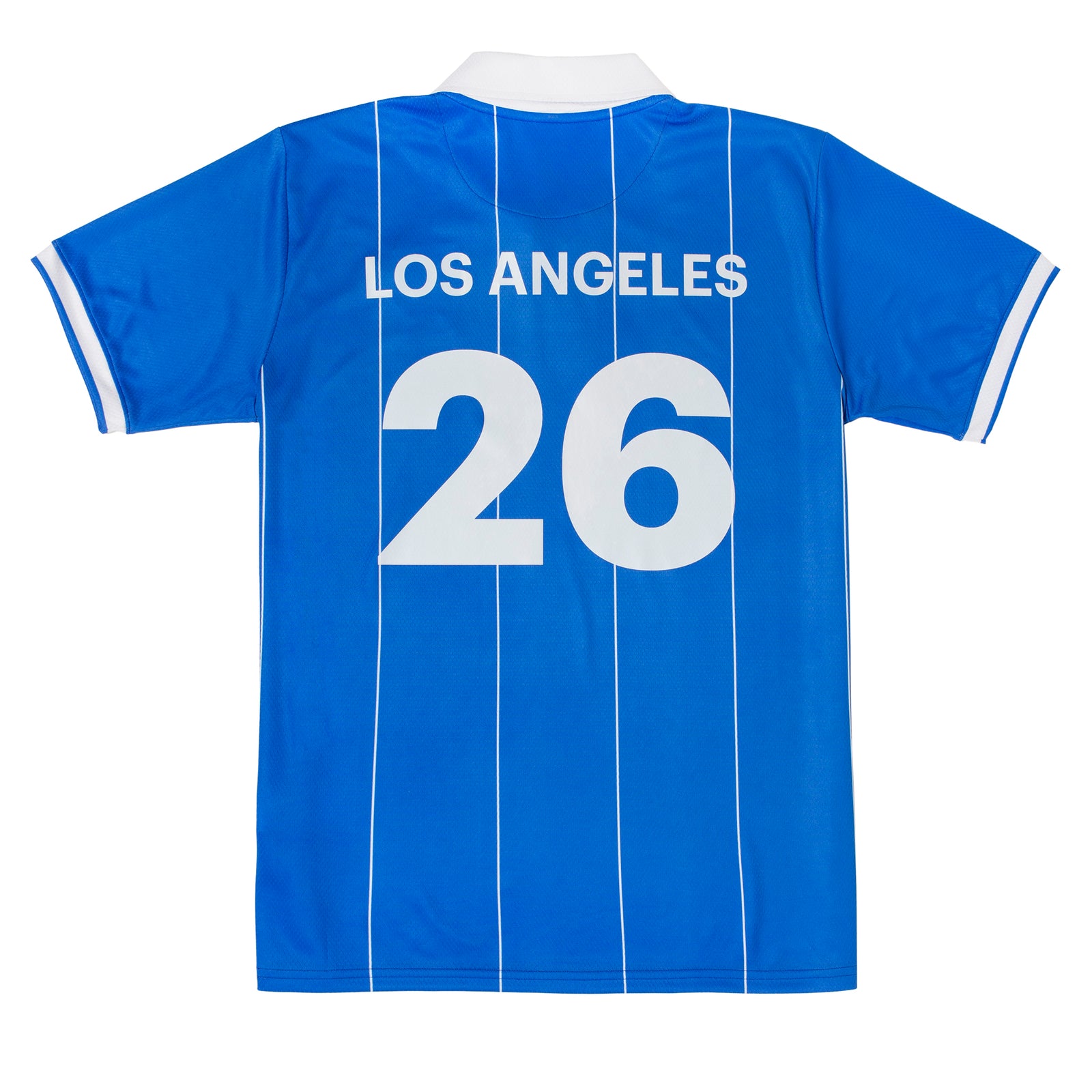 Blue sports jersey with white accents on a white background