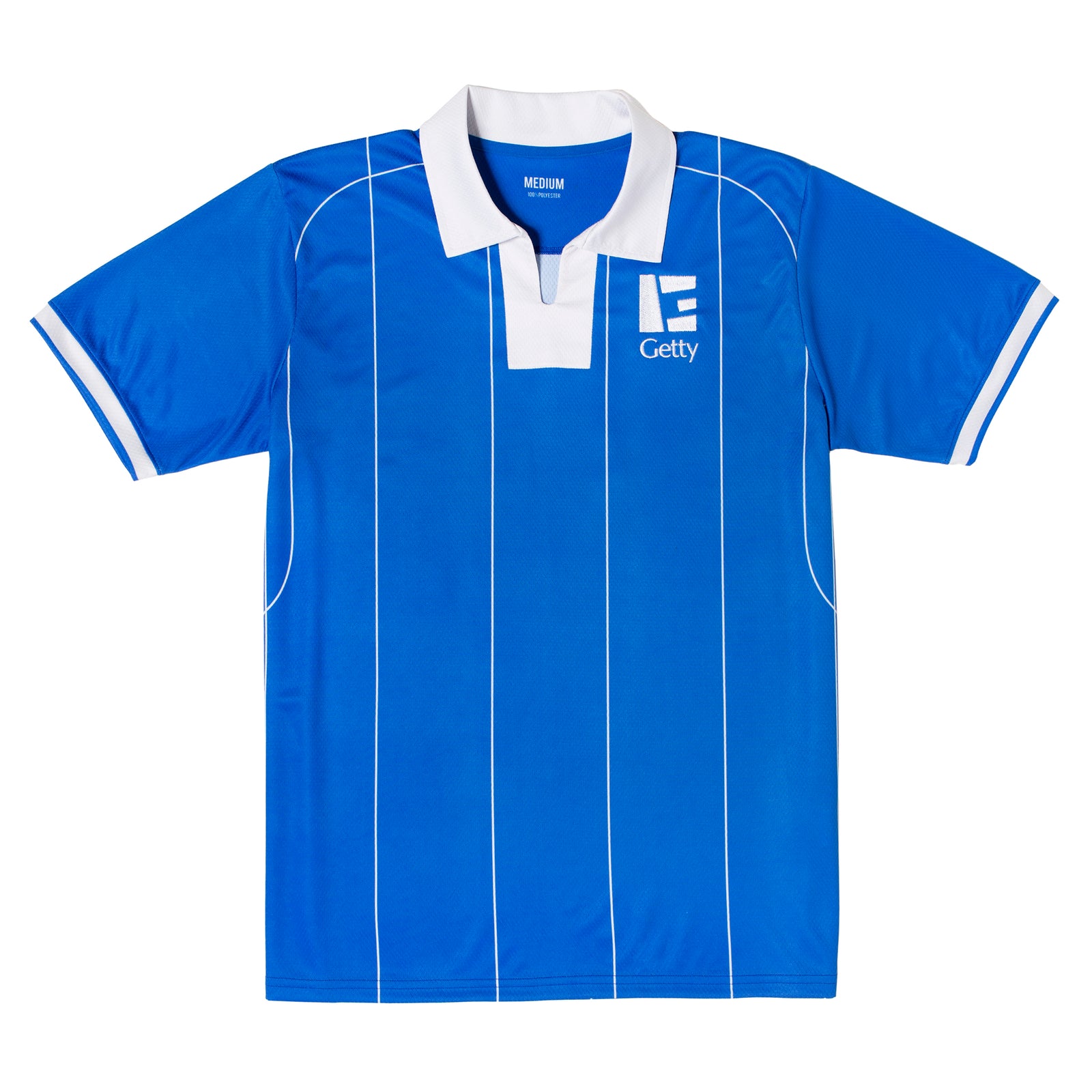 Blue sports jersey with white accents on a white background