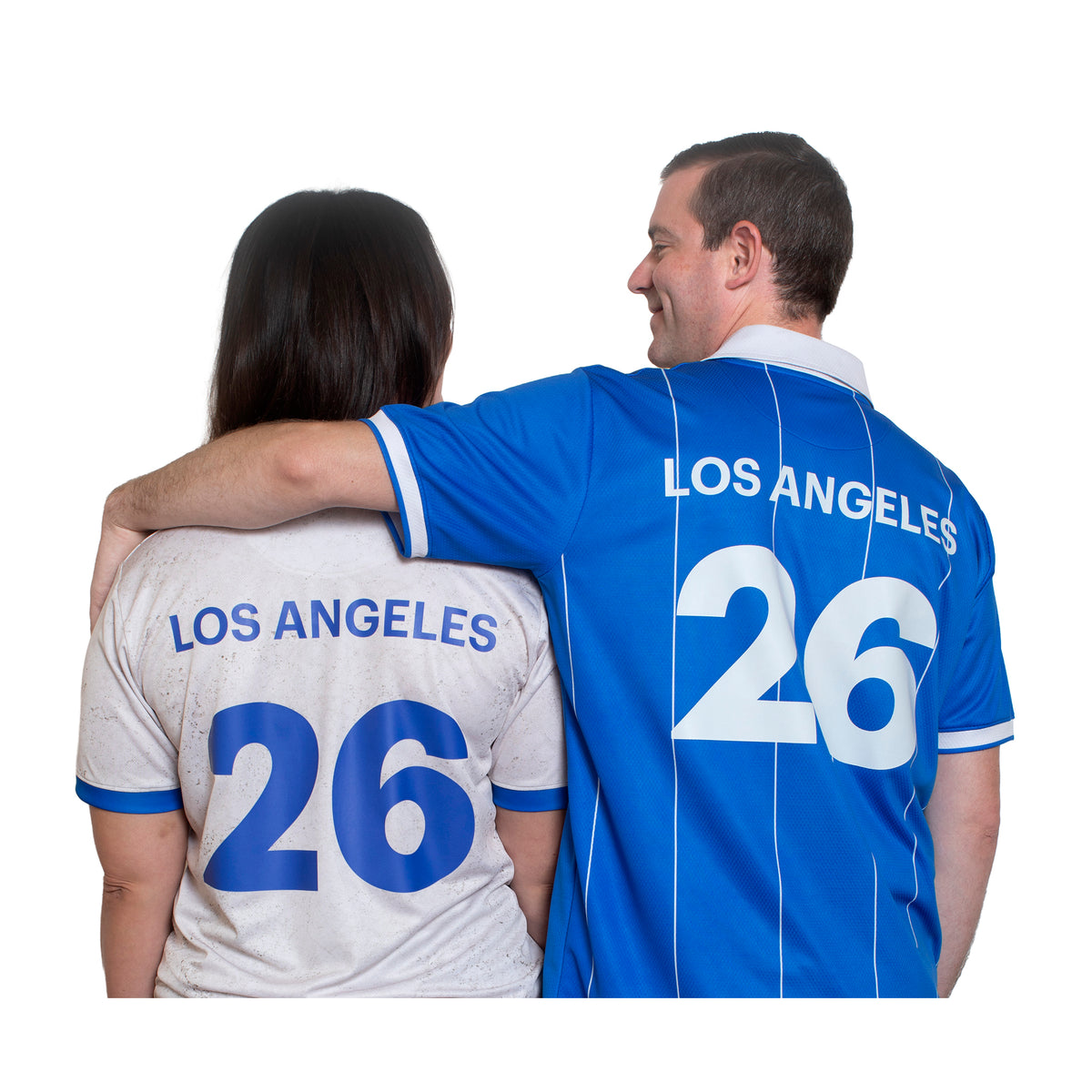 Two people wearing soccer jerseys with 'Los Angeles' and number '26' on a white background