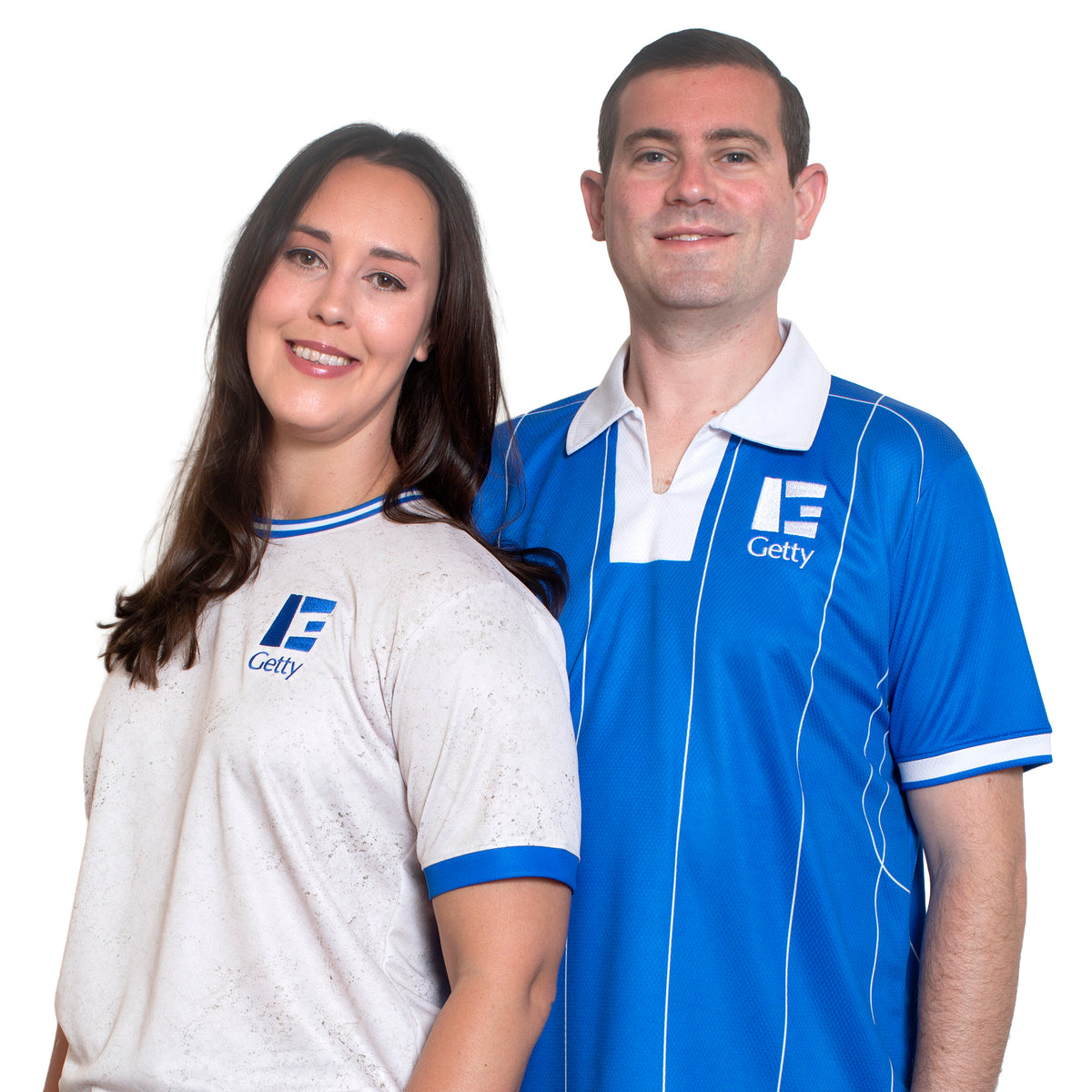 Two people wearing Getty logo shirts on a white background
