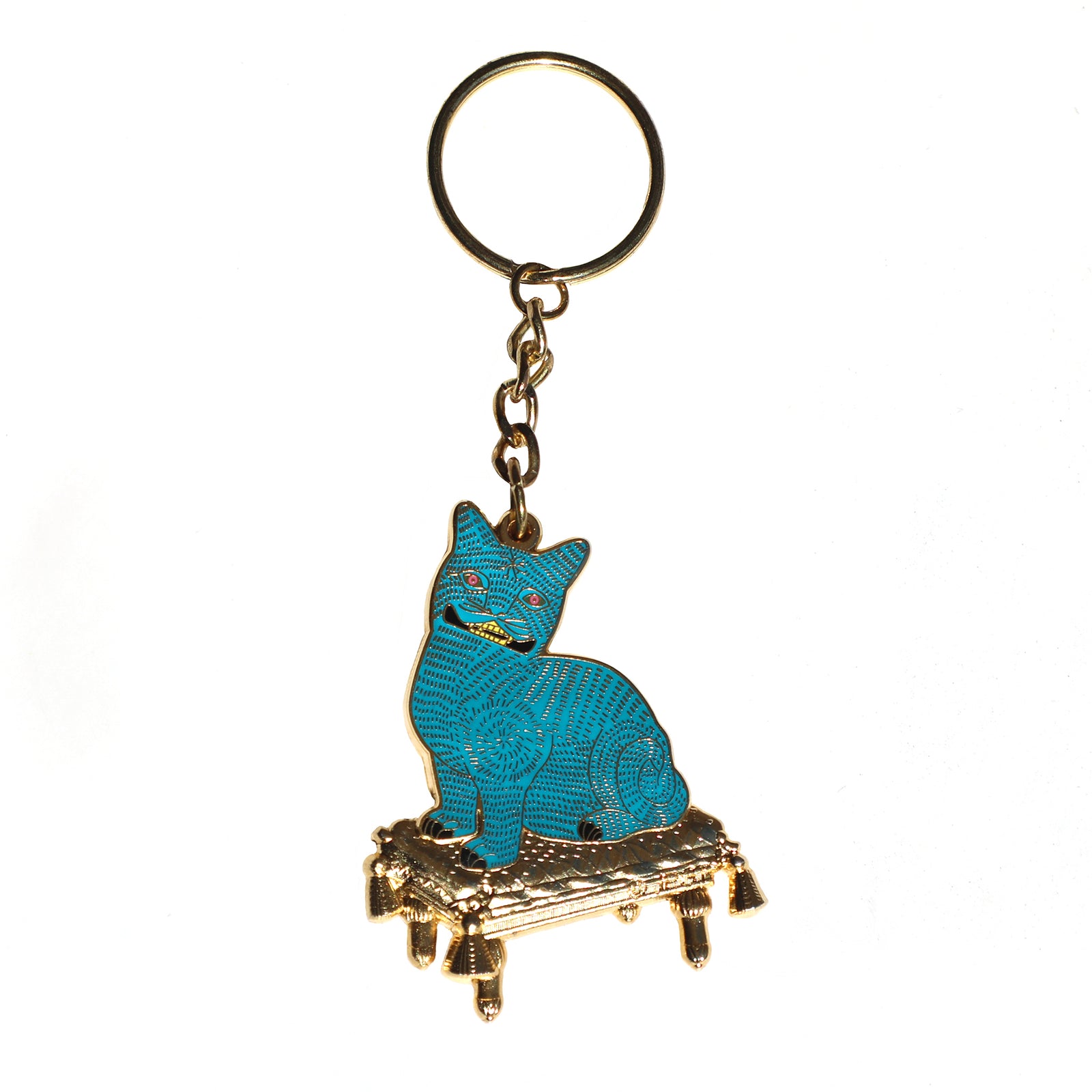 Keychain with a blue cat design on a white background