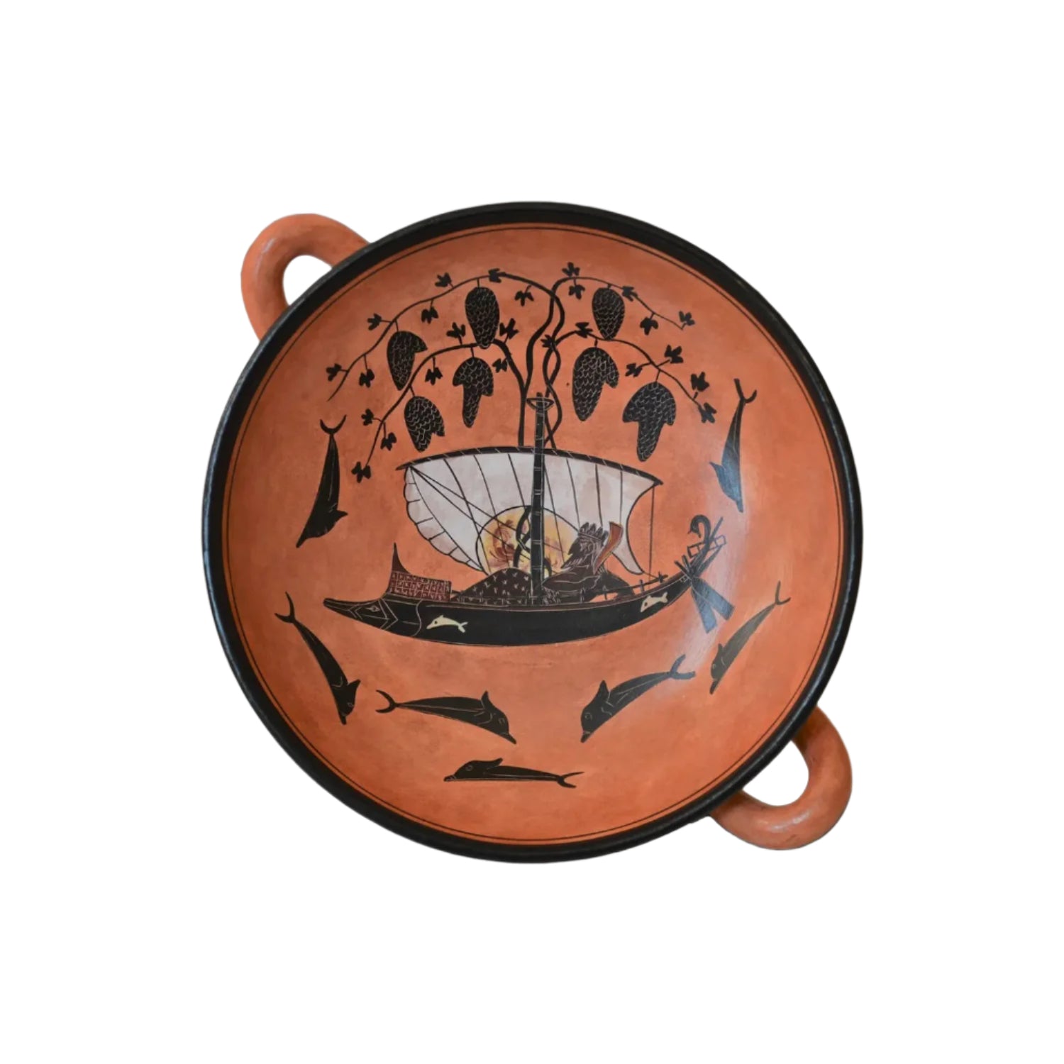 A hand-painted terracotta kylix cup featuring a depiction of Dionysos seated in his boat with surrounding dolphin-like figures, created in a classical Greek style.
