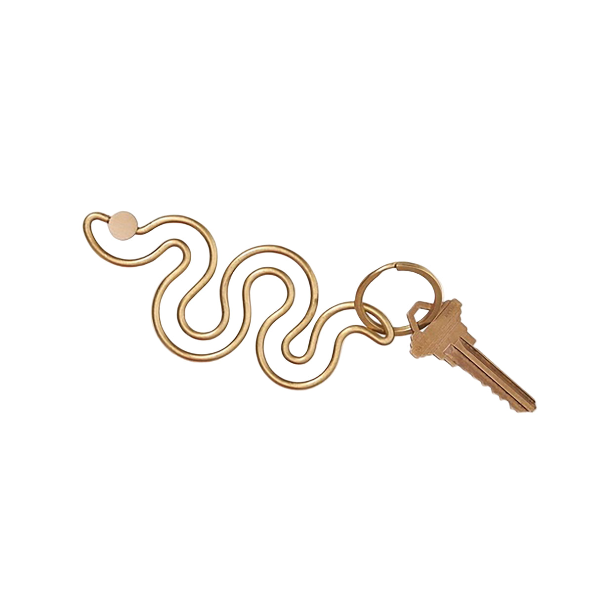 Gold snake-shaped keychain with a key on a white background