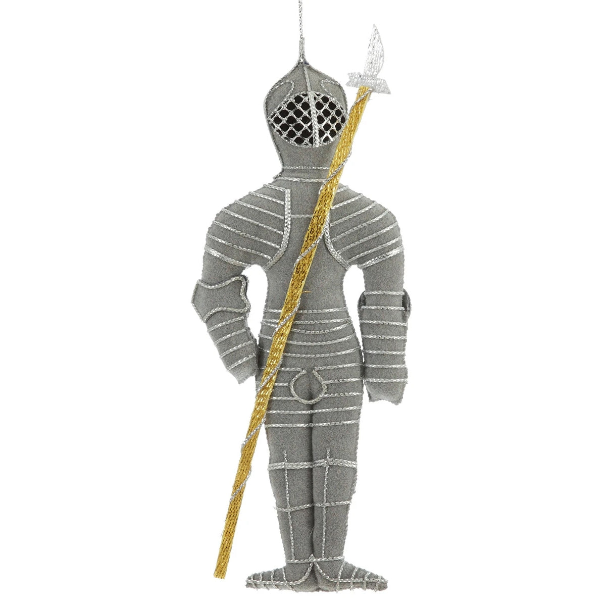 A gray knitted medieval knight hanging ornament holding a gold spear, shown against a plain white background.