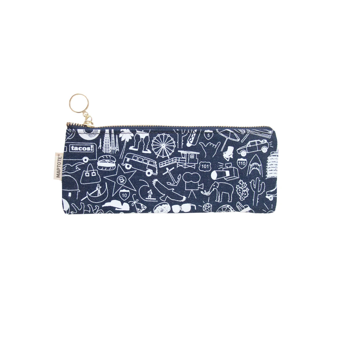 A navy blue zippered pouch with a white hand-drawn Los Angeles cityscape pattern and 'LOS ANGELES' text, featuring a gold keyring attachment on a white background.