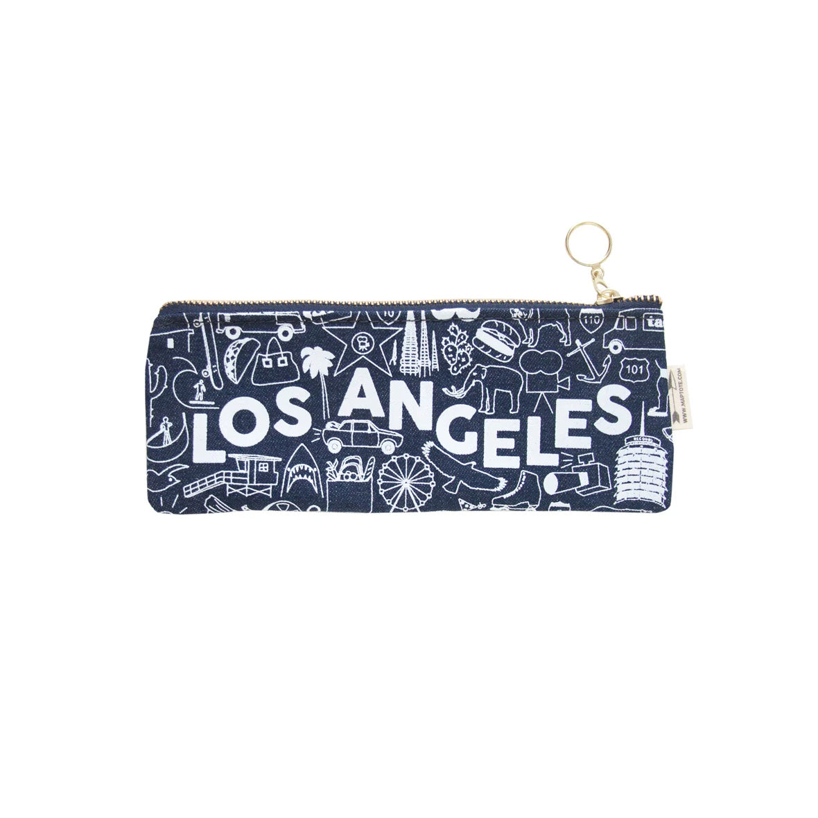 A navy blue zippered pouch with a white hand-drawn Los Angeles cityscape pattern and 'LOS ANGELES' text, featuring a gold keyring attachment on a white background.