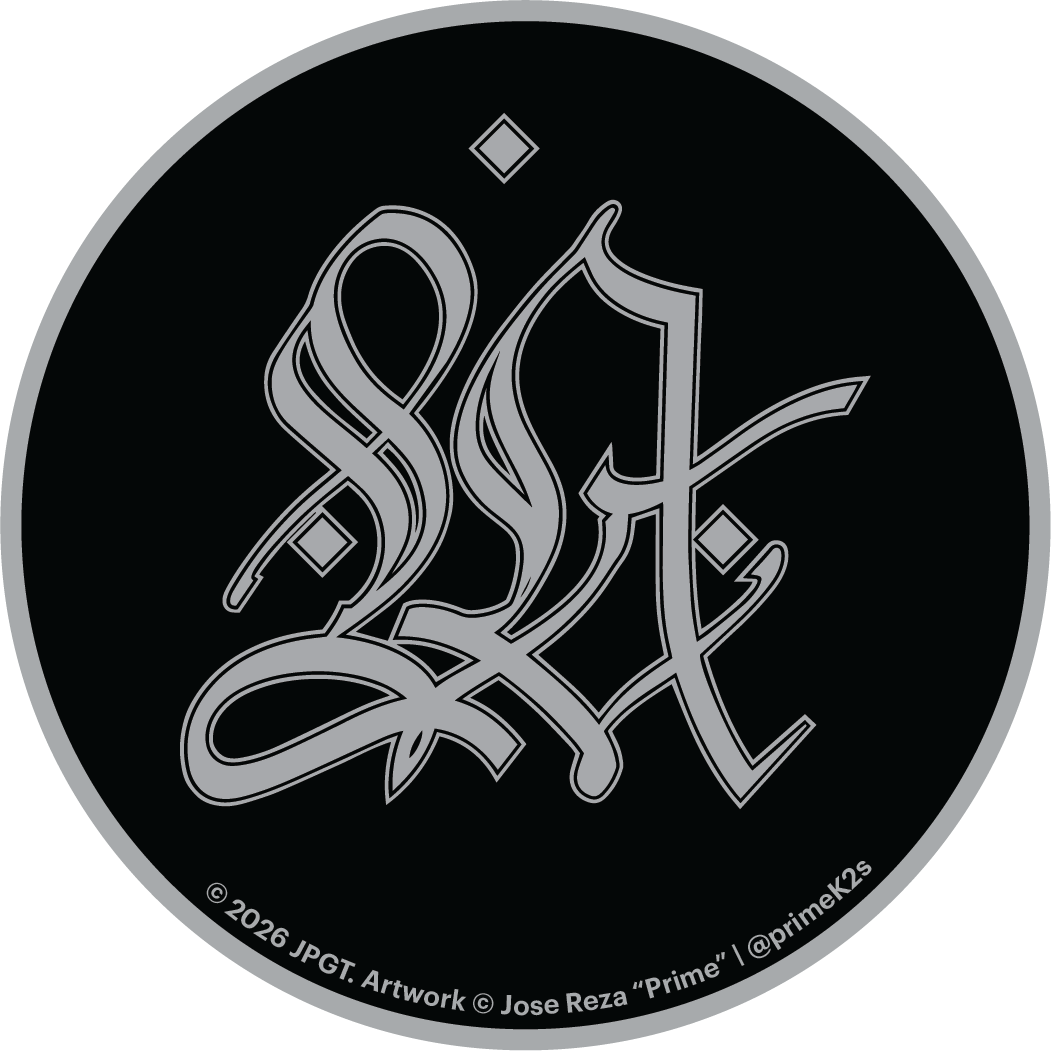 Circular logo with stylized text on a black background