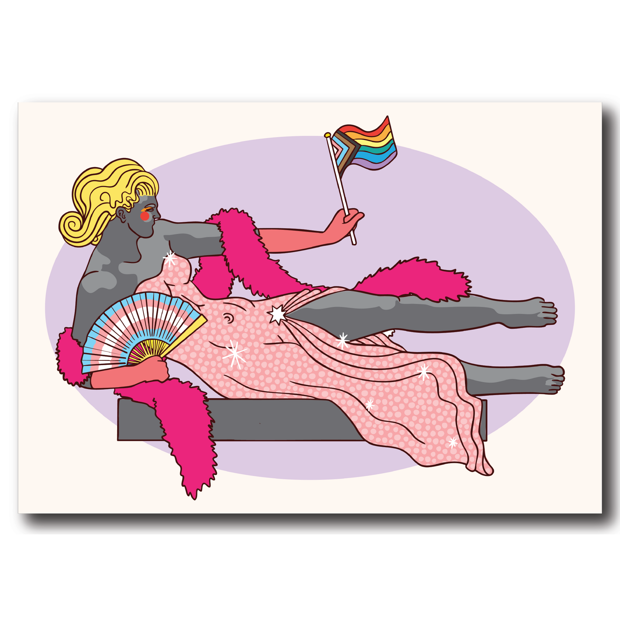 L' Air Pride Greeting Card. Maillol's L'Air sculpture dressed in a blonde wig and pink gown waving the pride flag 
