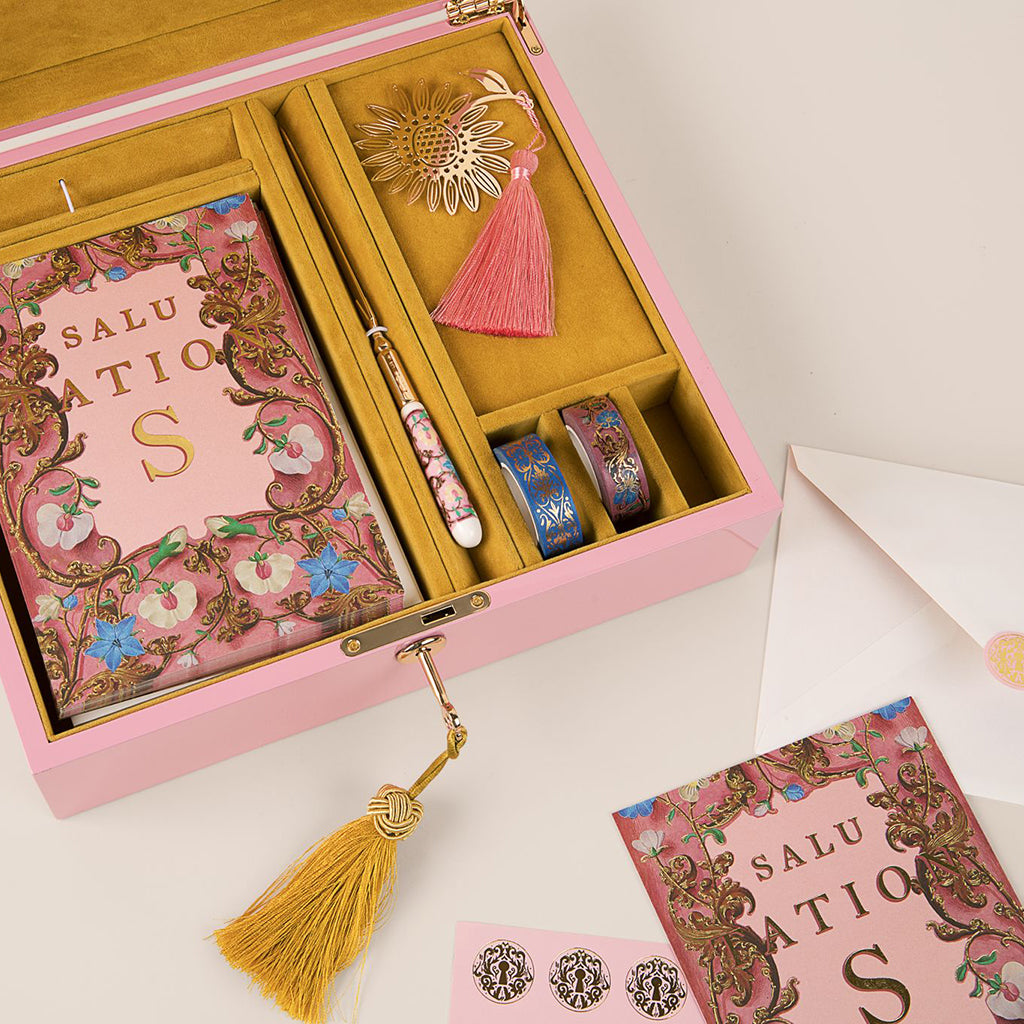 Interior of luxury pink stationery set