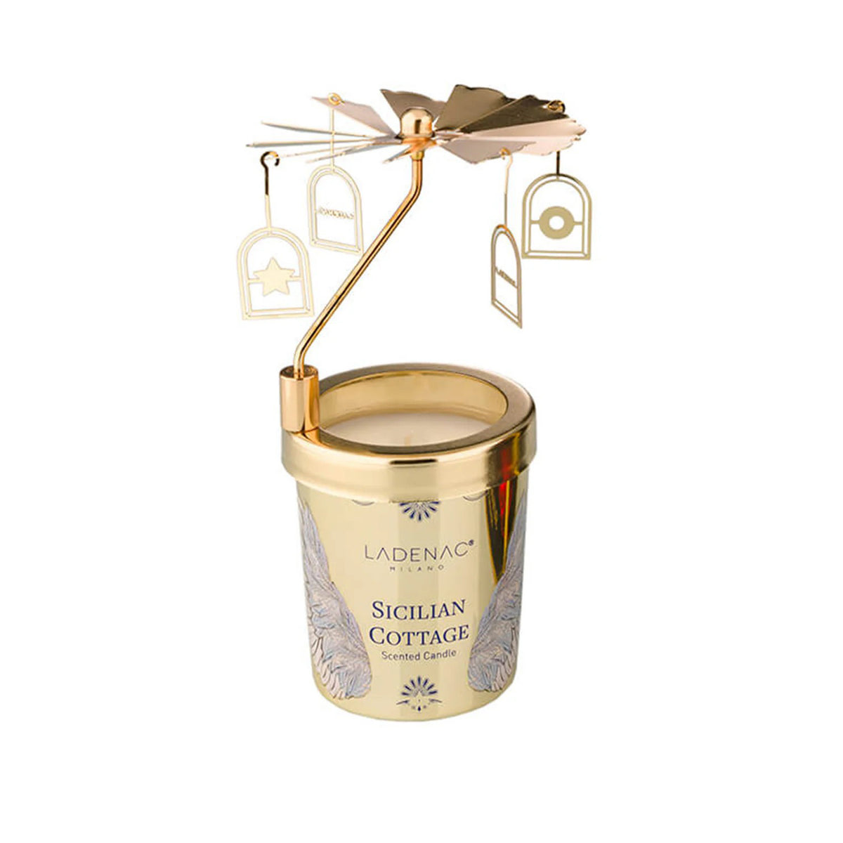 Decorative candle with gold holder and &#39;Sicilian Cottage&#39; label on a white background