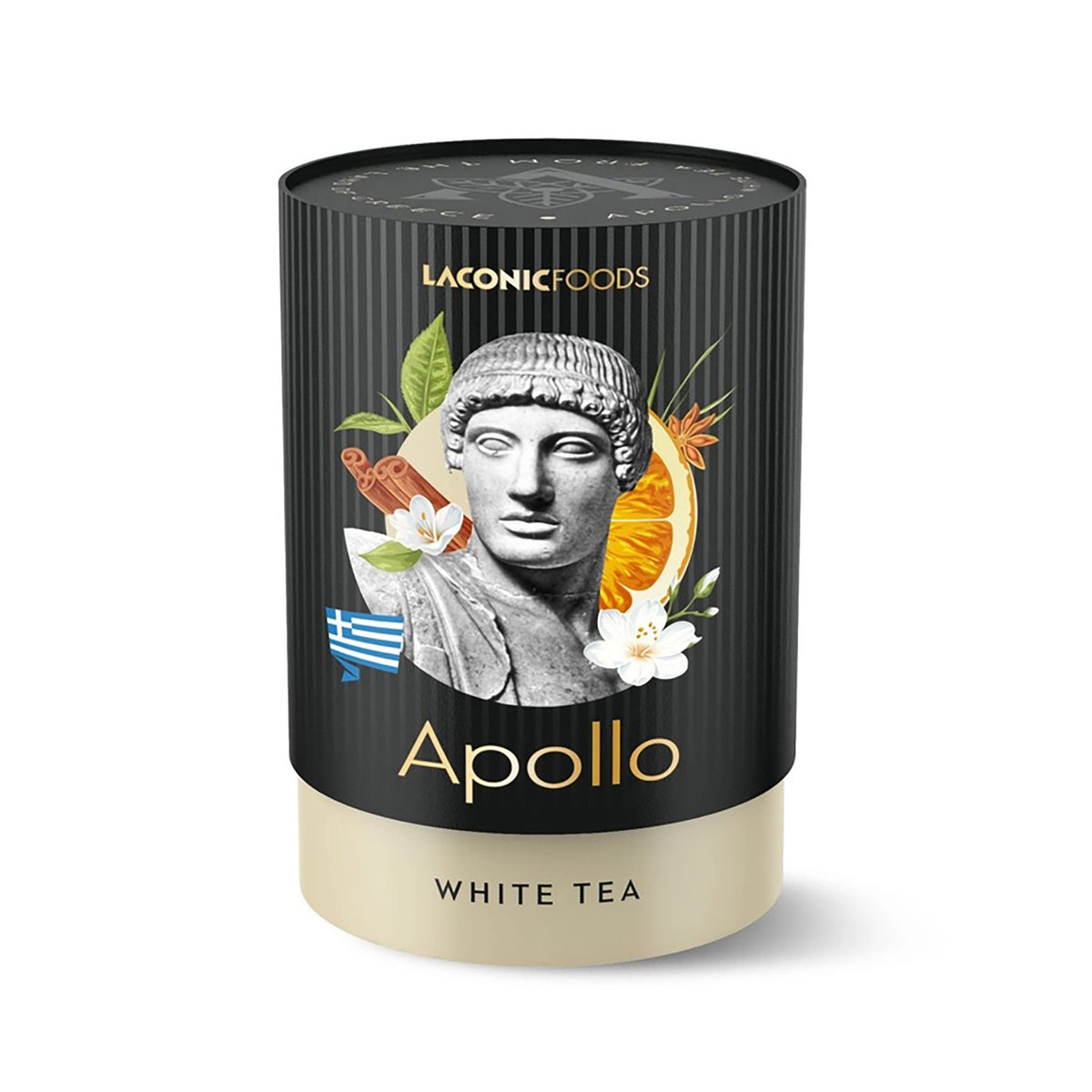 A cylindrical canister of Laconic Foods Apollo White Tea, featuring a black ribbed body with a classical Greek bust illustration, citrus slices, and white flowers, set against a clean white background.