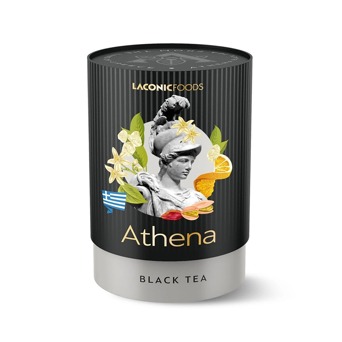 A Laconic Foods Athena Black Tea canister, featuring a black ribbed body with a central graphic of a classical Greek statue surrounded by white flowers, green leaves, and orange slices, on a silver base.