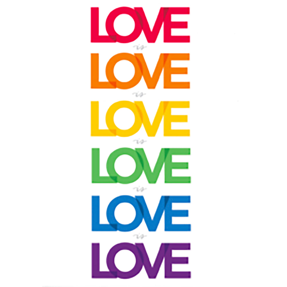 A colorful notecard with the word 'LOVE' repeated in rainbow letters